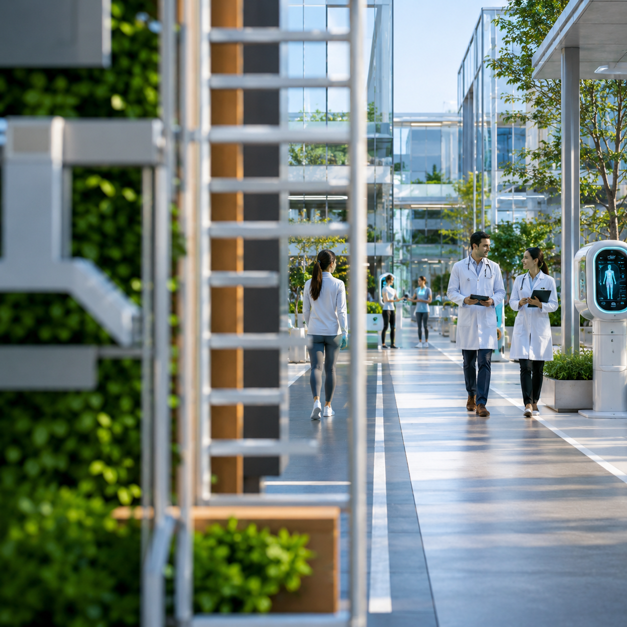 Healthcare professionals walking through innovative medical campus highlighting technology and enterprise collaboration.
