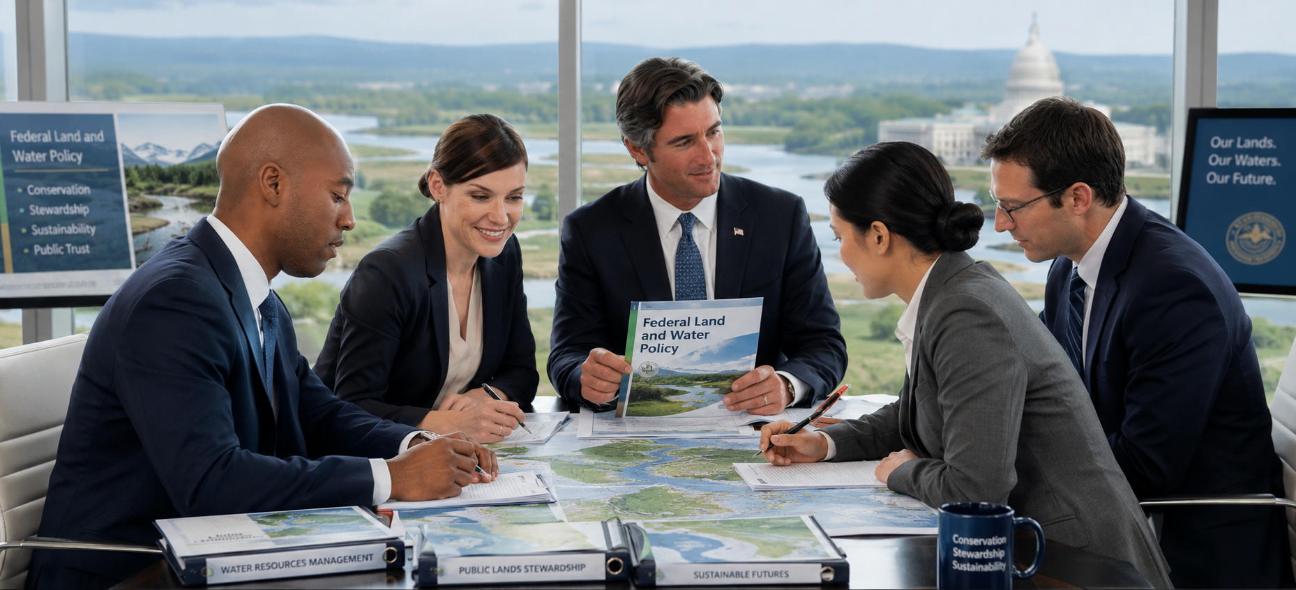 Government officials discussing land and water policy with maps and presentation documents during strategic meeting.