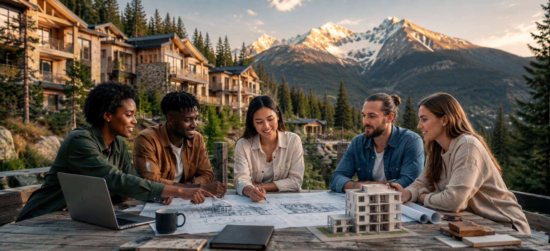 Real estate development team reviewing architectural plans outdoors with mountain resort project presentation materials.