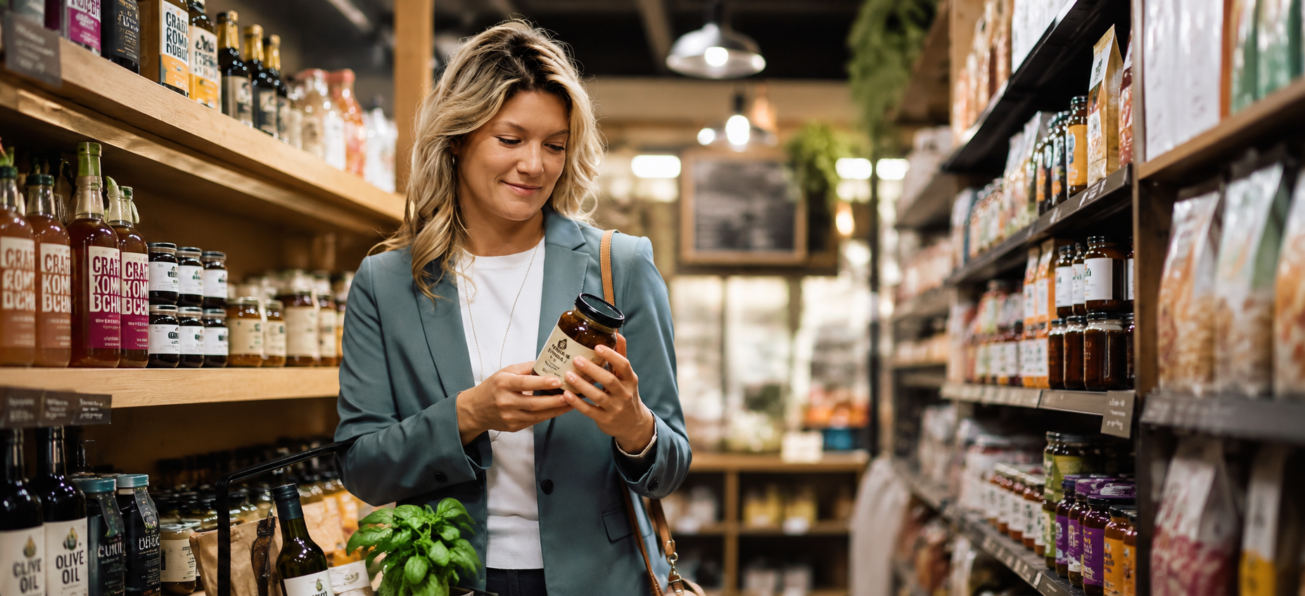 Retail shopper reviewing packaged food product while comparing labels in a modern grocery store presentation setting.