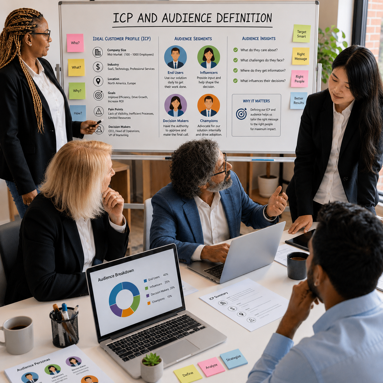 Ideal customer profile presentation defining audience segments, buyer personas and messaging strategy for SaaS