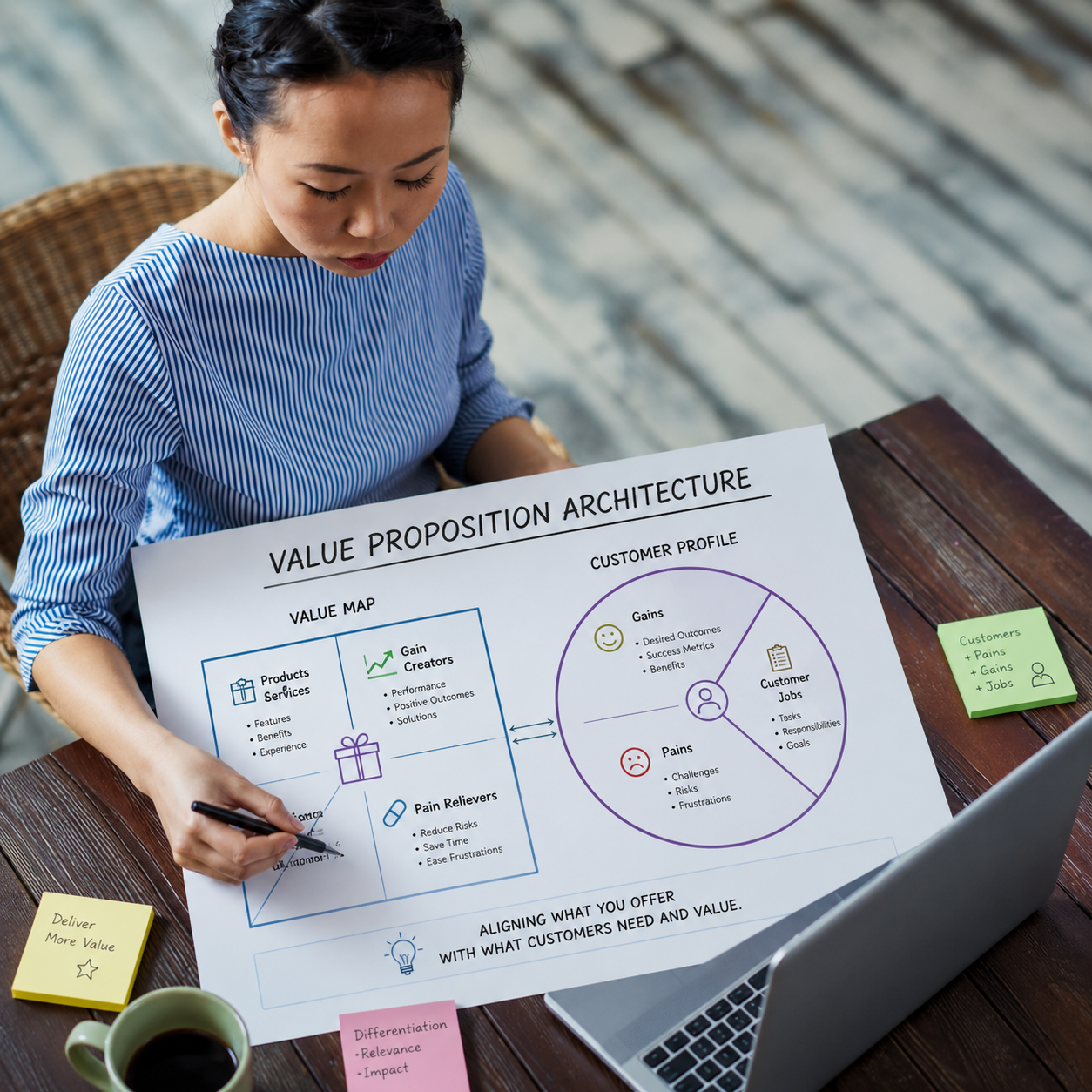 Strategist building an integrated narrative with charts and notes for an impactful business presentation design