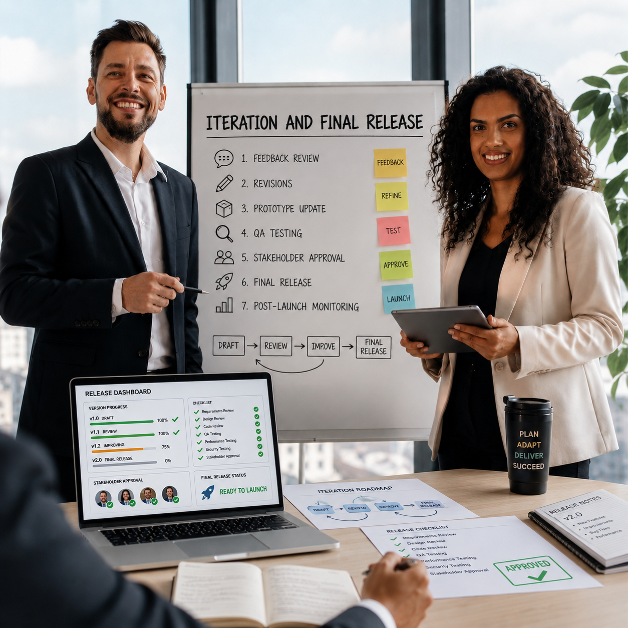 Product release presentation covering feedback, QA testing, stakeholder approval and final launch readiness process