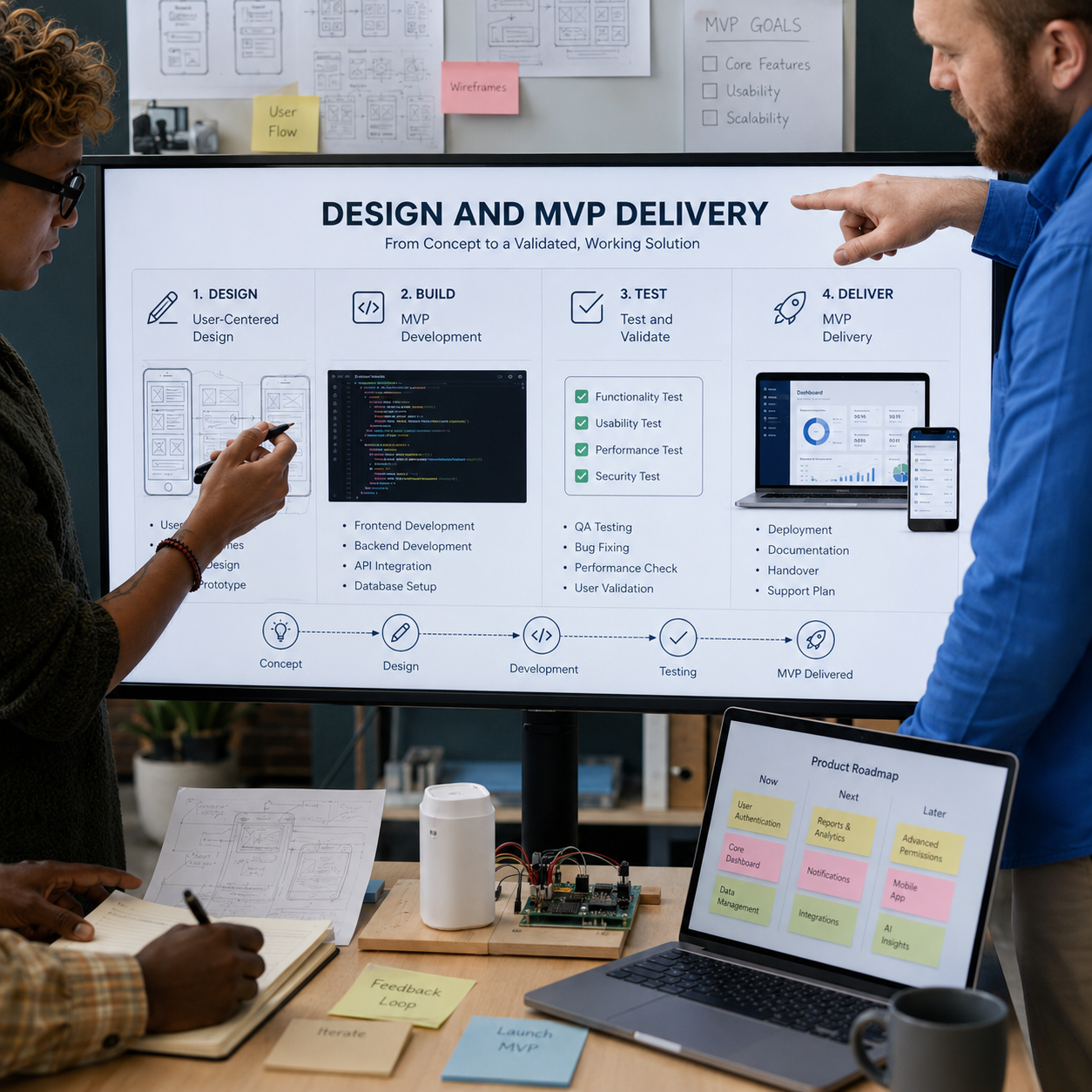 SaaS MVP delivery presentation outlining product design, development, testing and successful product launch process