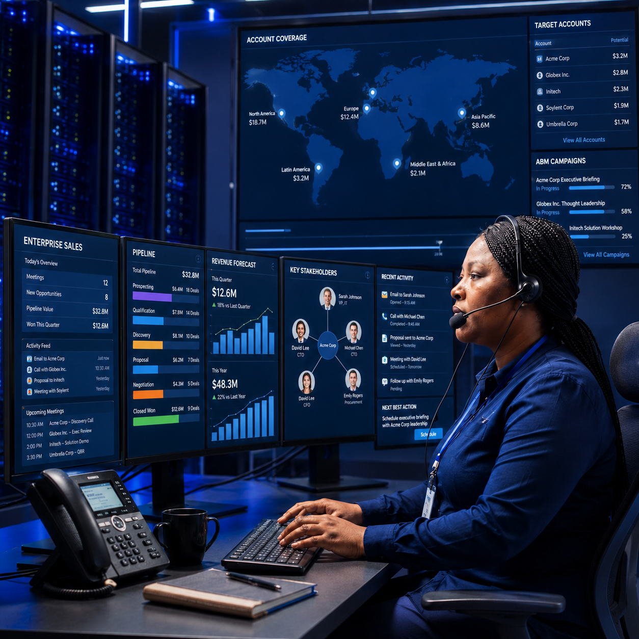 Enterprise sales presentation dashboard displaying account-based selling strategy, pipeline and revenue insights