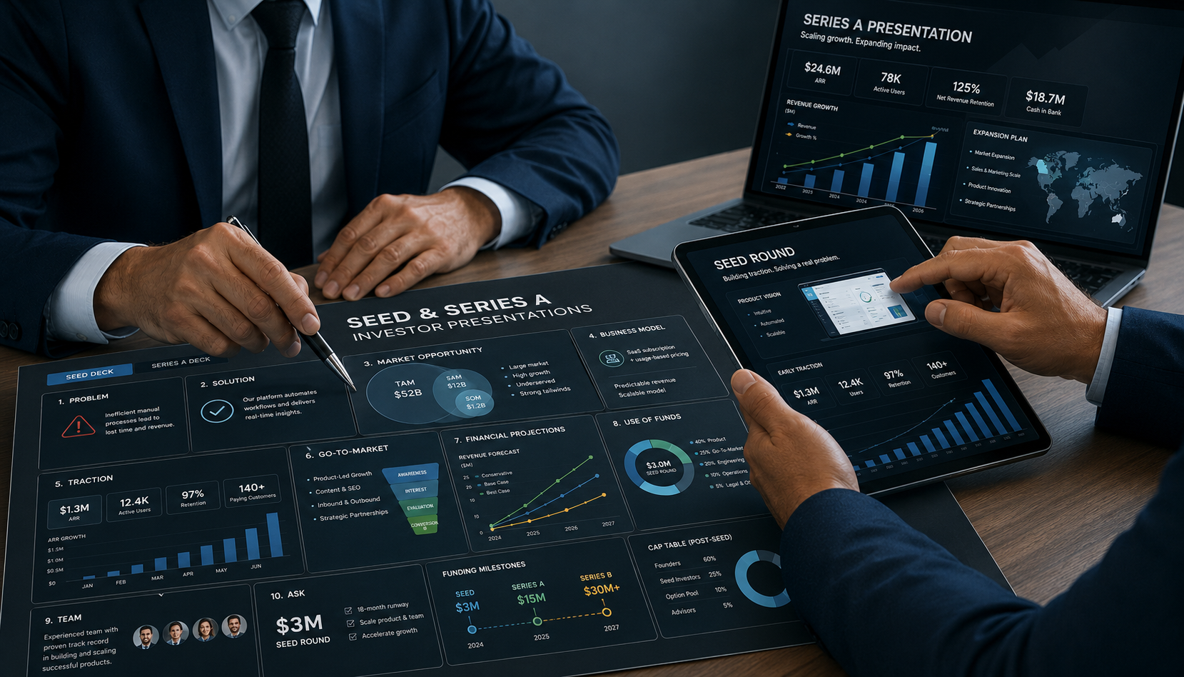 Seed and Series A investor presentation with funding strategy, traction metrics and financial growth projections