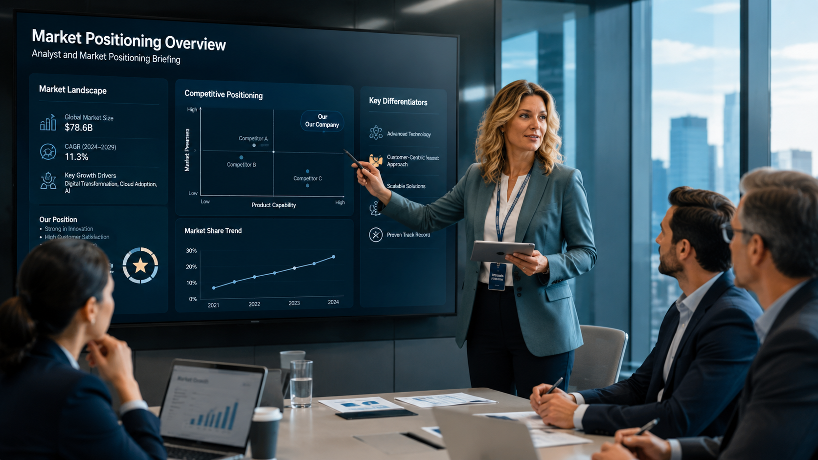 SaaS market positioning presentation showing competitive analysis, market trends and executive strategy insights