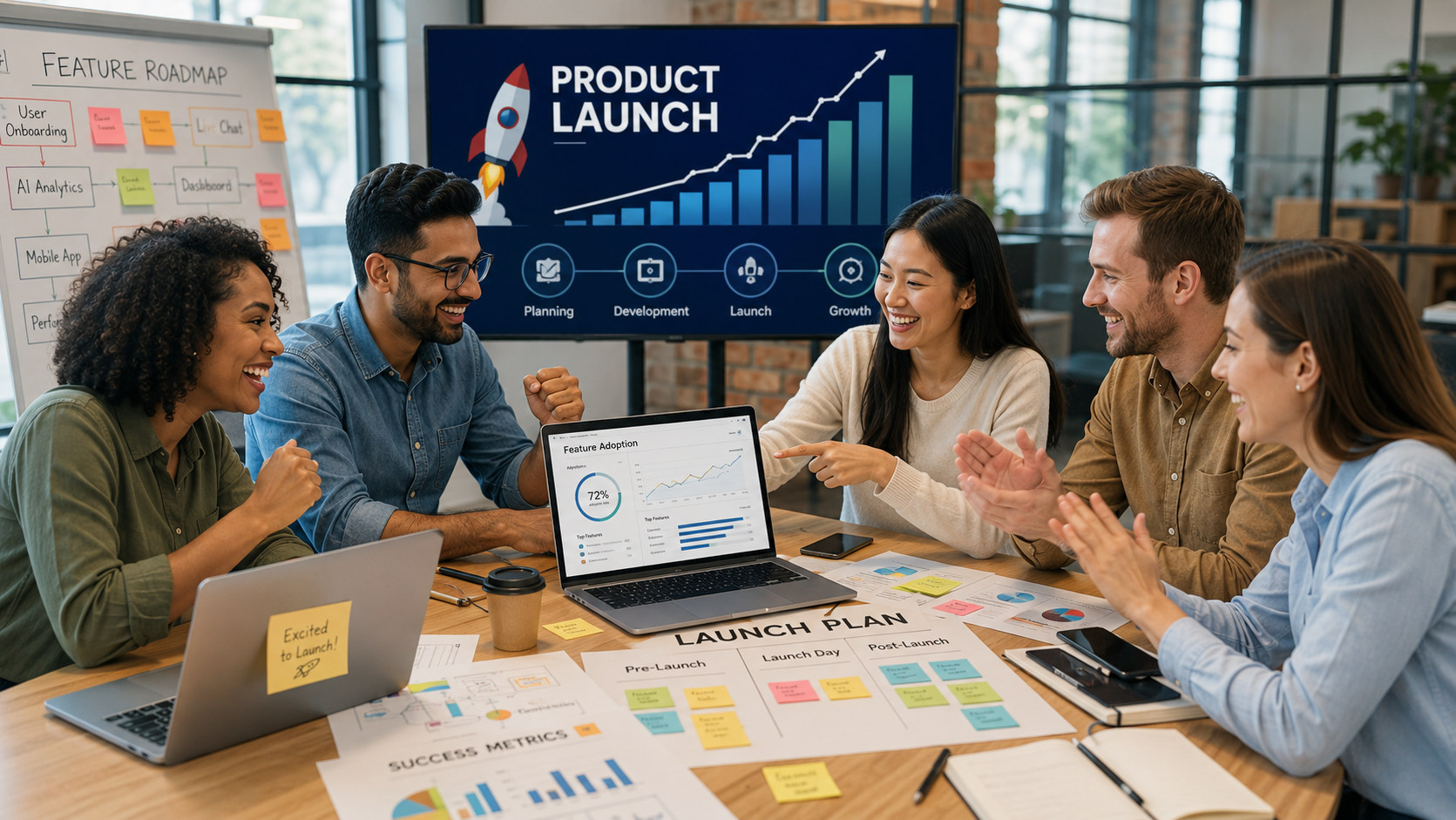 Product launch presentation highlighting feature adoption, launch roadmap and customer growth performance metrics