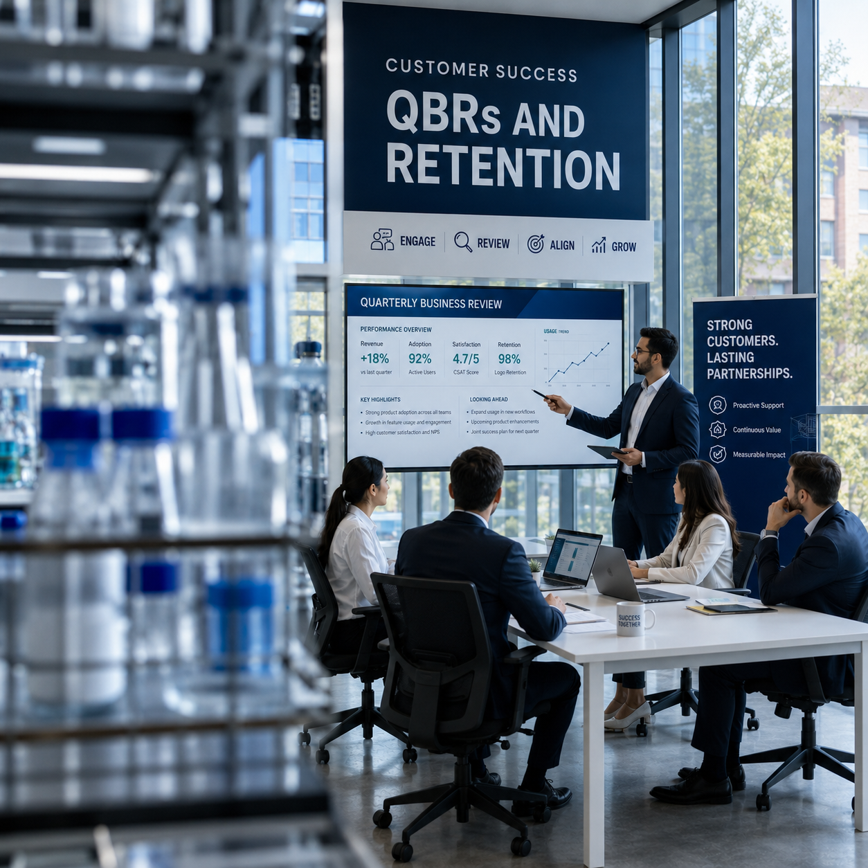 Customer success QBR presentation highlighting retention metrics, business reviews and client growth strategy