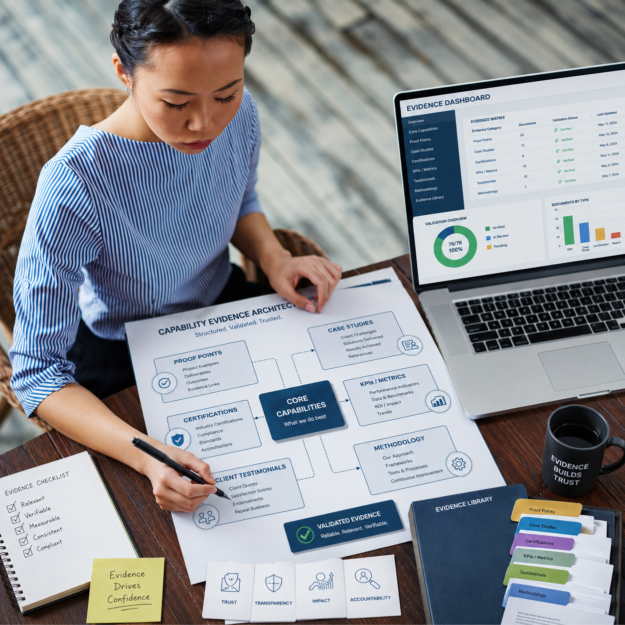 Houston presentation design agency creating capability evidence architecture with proof points and dashboards.