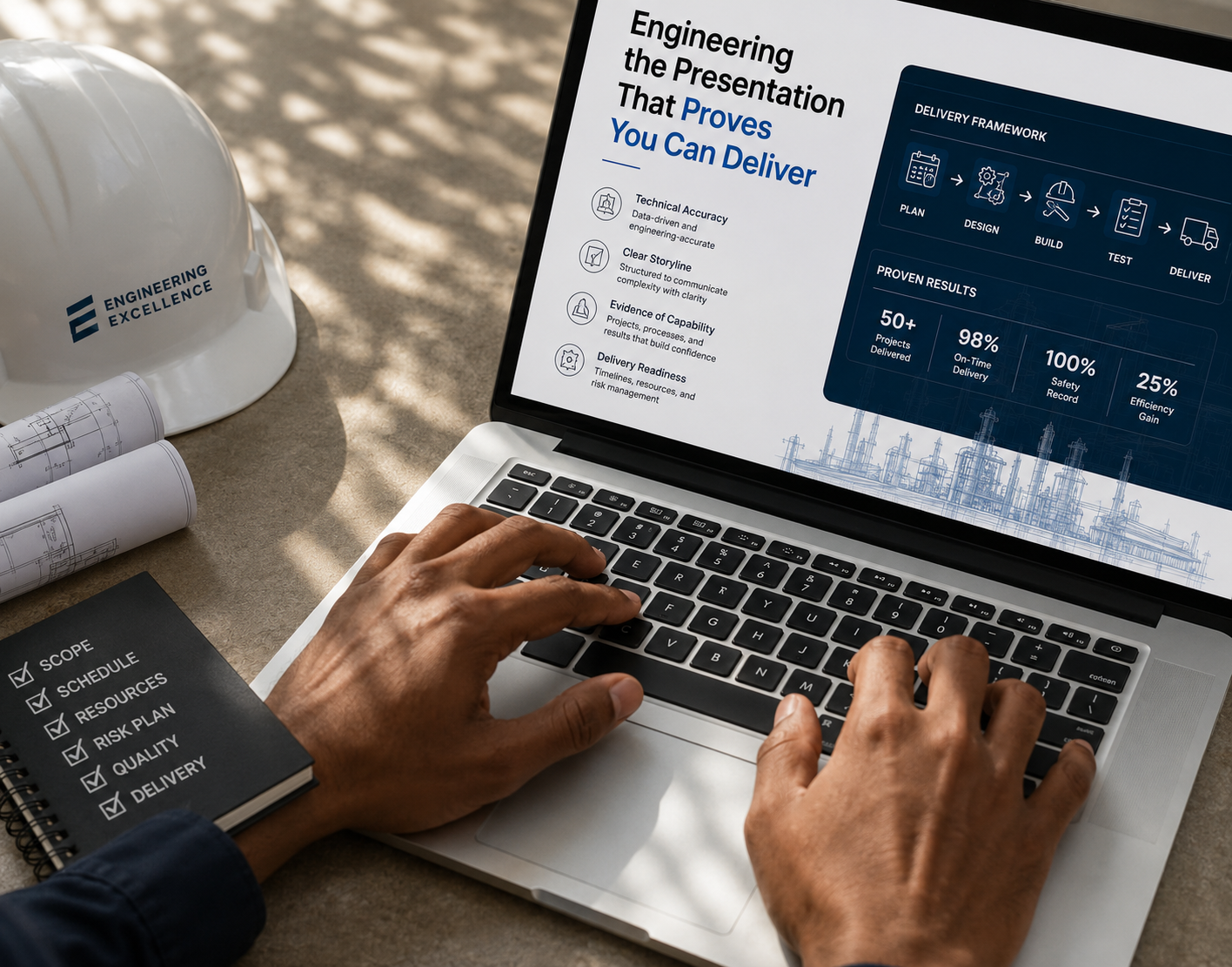 Engineering presentation designed by a Houston presentation design agency highlighting delivery framework and results.