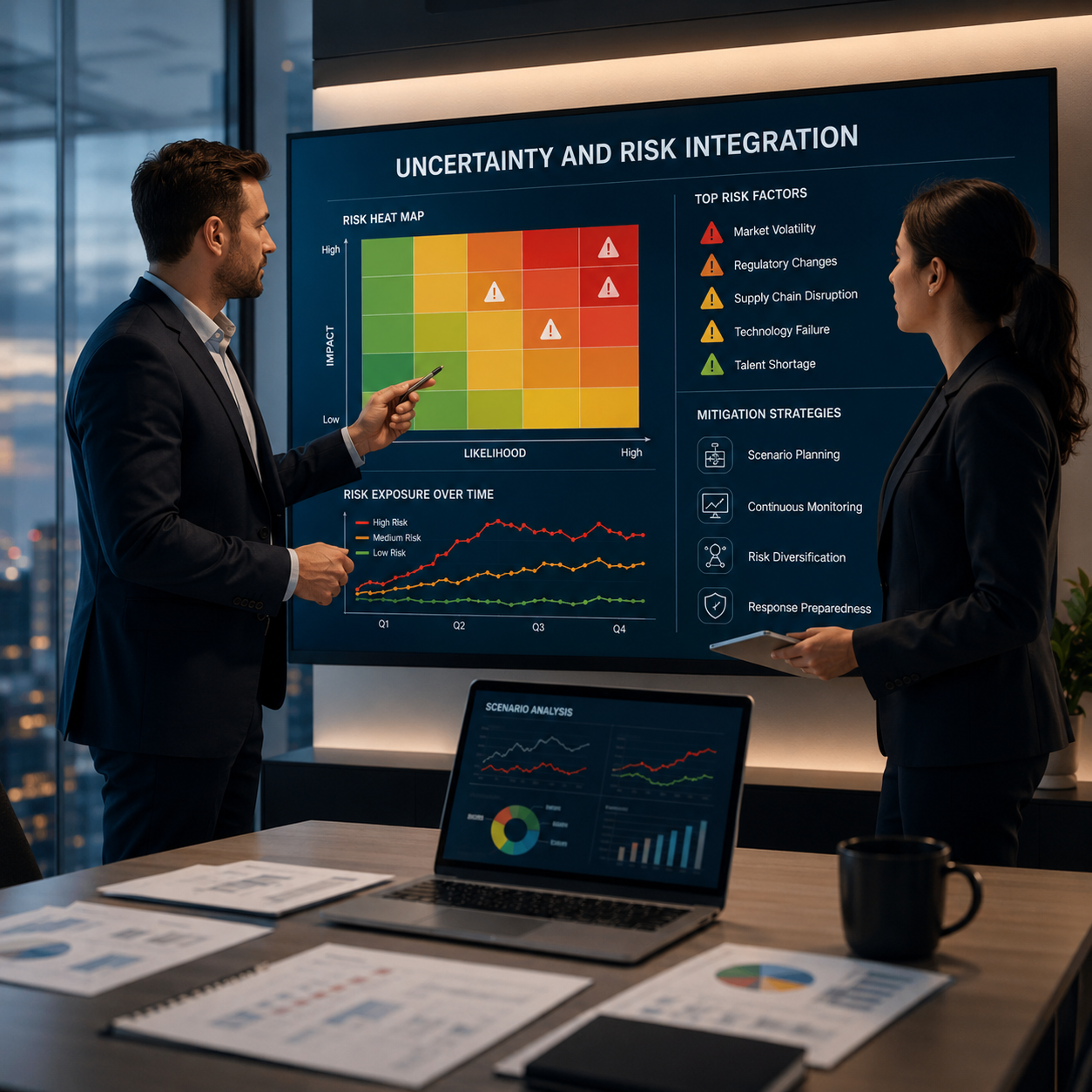 AI risk integration presentation showing uncertainty analysis, mitigation strategies and enterprise risk management