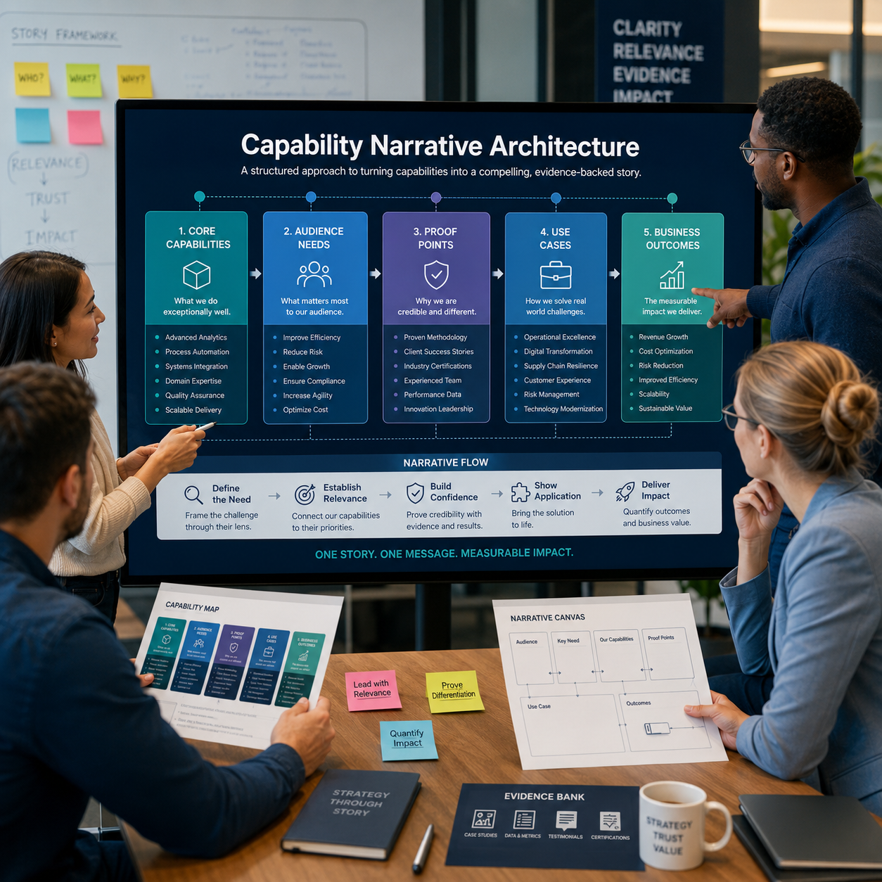 Capability narrative architecture presentation connecting business capabilities with outcomes and proof points