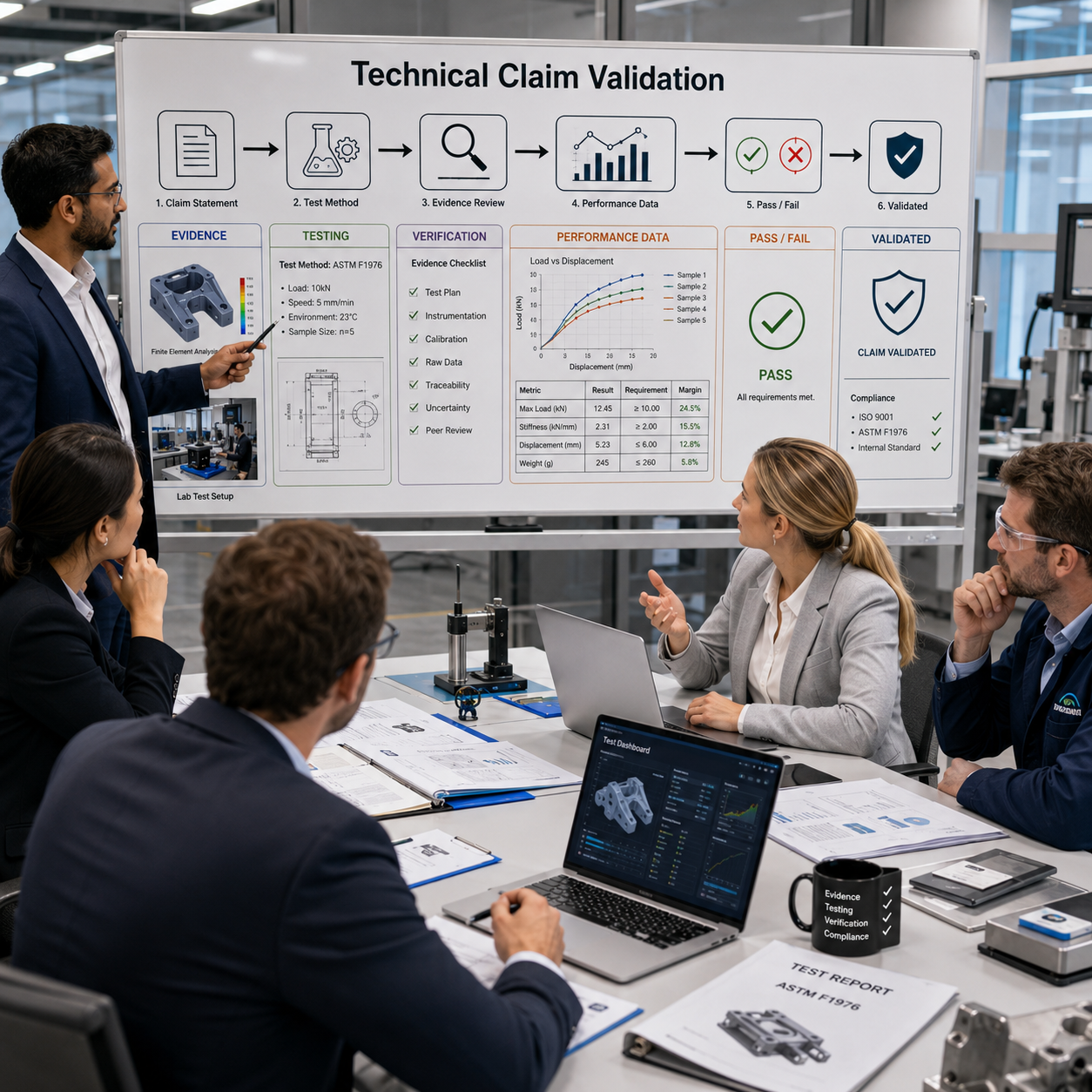 Technical claim validation presentation demonstrating evidence, testing methods, verification and performance results