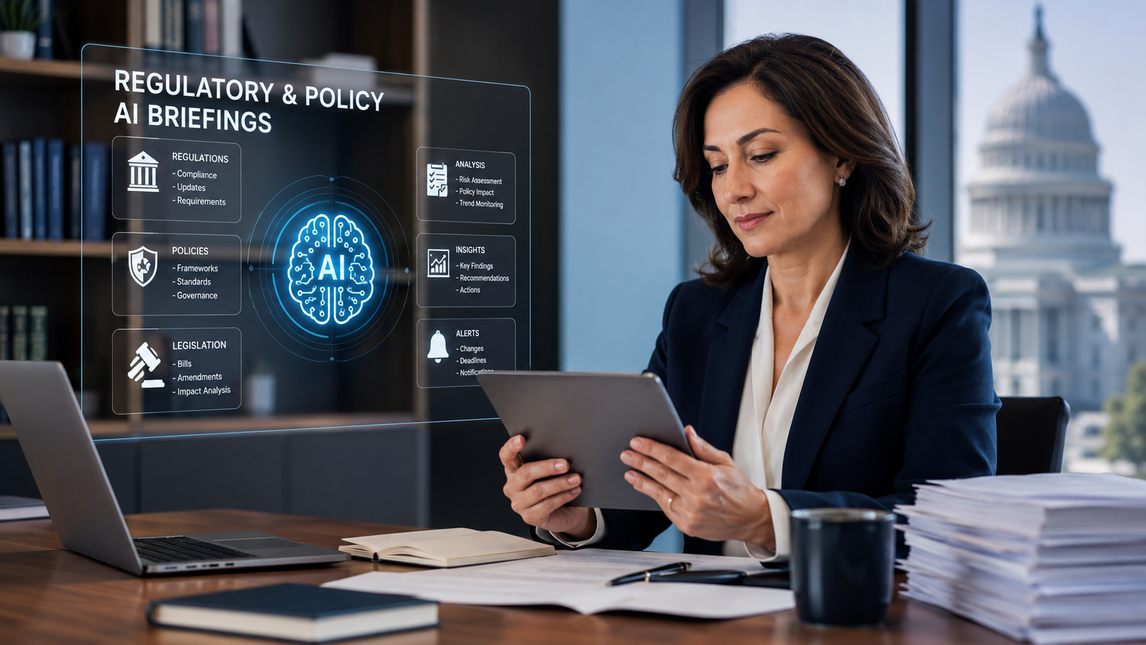 Regulatory AI briefing presentation covering compliance, policy updates, governance and risk assessment insights