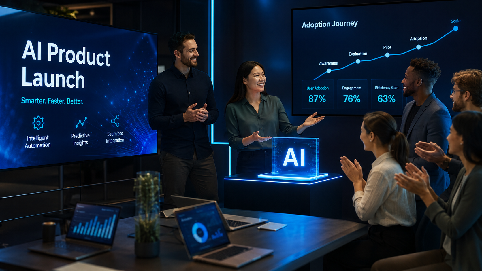 AI product launch presentation highlighting adoption journey, user engagement and business growth metrics clearly