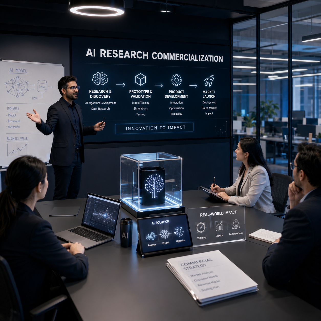 AI research commercialization presentation covering innovation, product development and market launch strategy