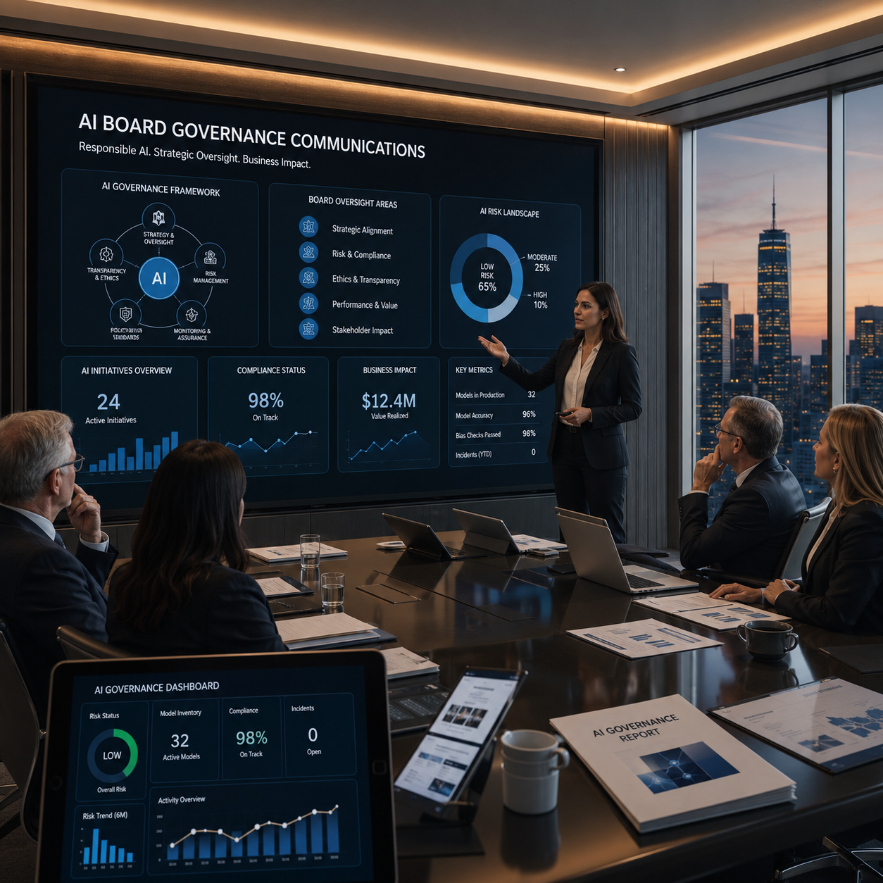 AI board governance presentation showing risk management, compliance dashboards and executive oversight insights