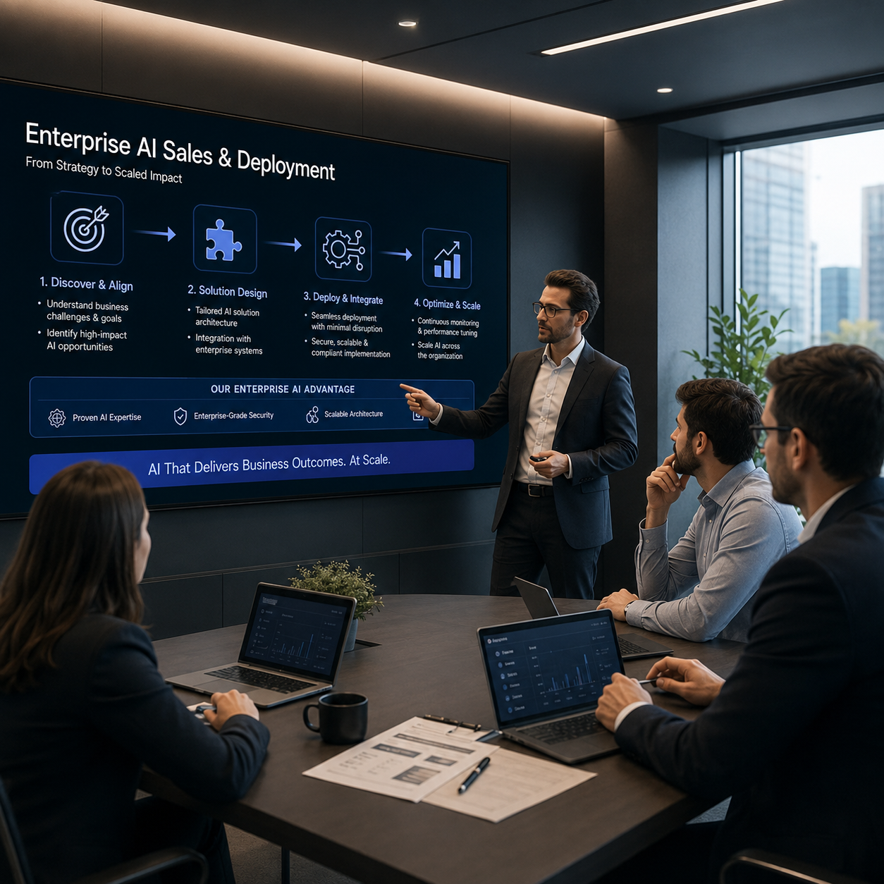 Enterprise AI sales presentation explaining deployment strategy, implementation process and scalable business value