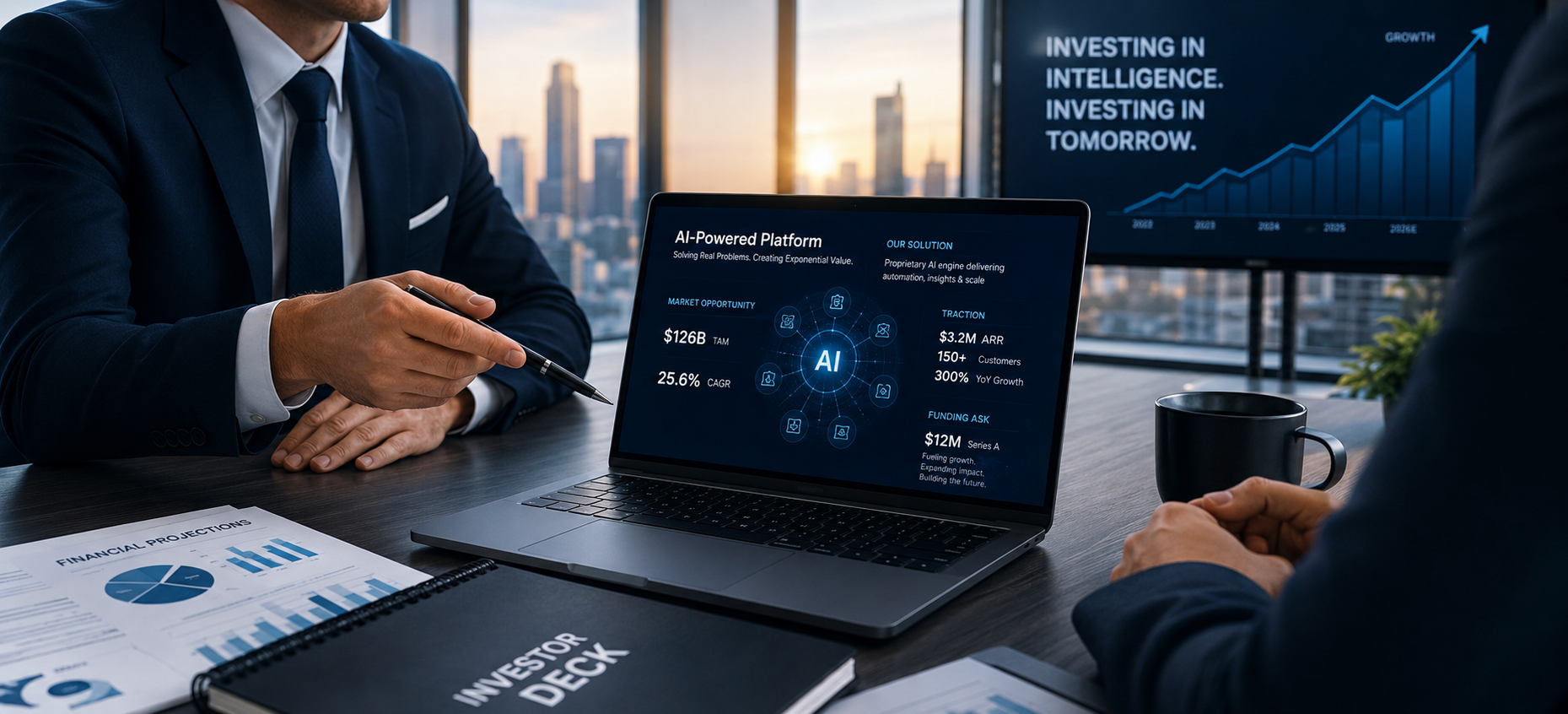 AI investor presentation showcasing fundraising strategy, market opportunity, growth metrics and funding roadmap