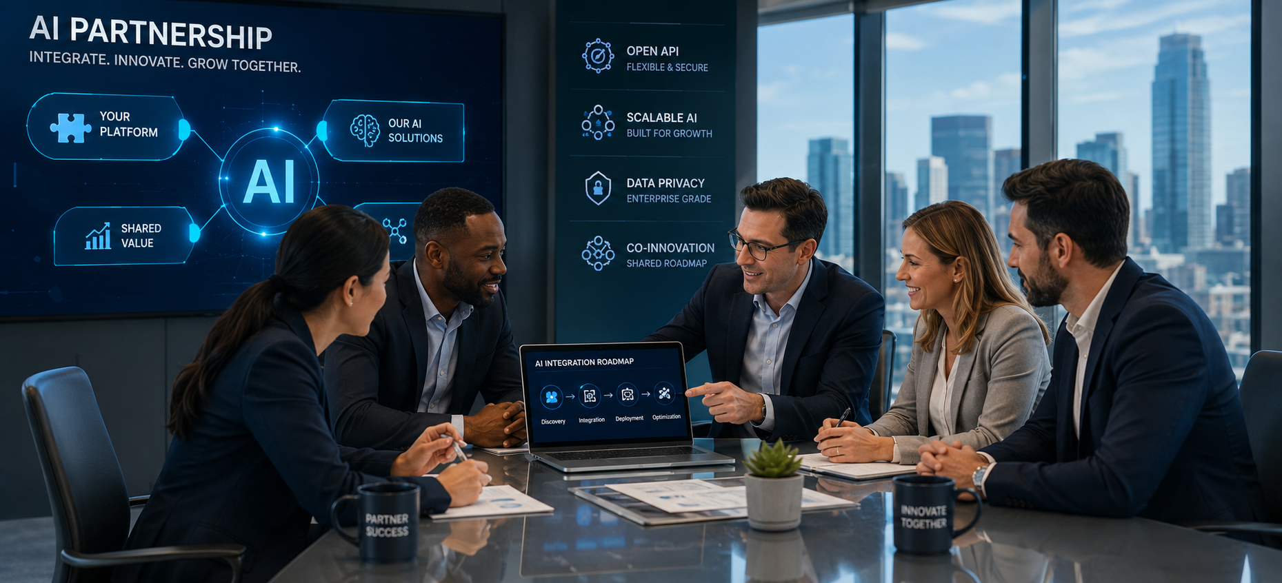 AI partnership presentation illustrating integration roadmap, collaboration strategy and enterprise solutions value