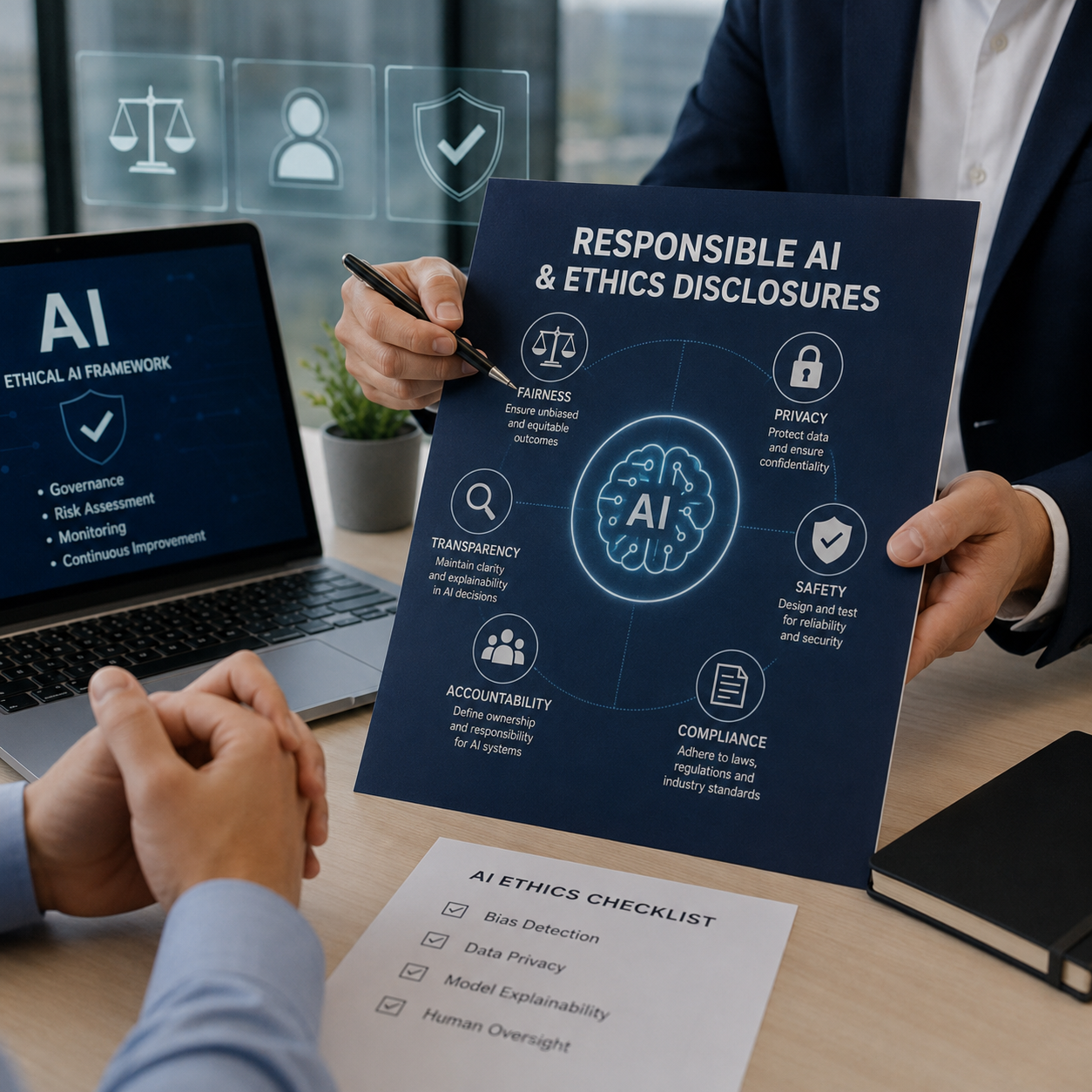 Responsible AI presentation highlighting ethics, transparency, compliance, privacy and governance best practices