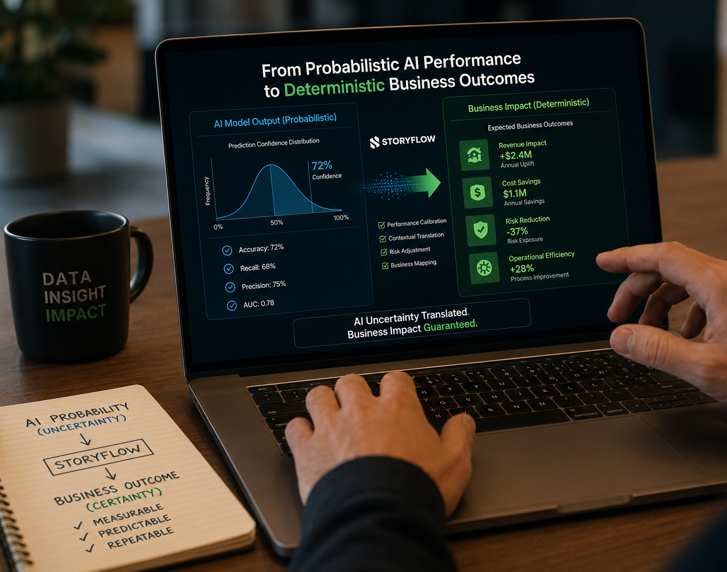AI performance presentation translating probabilistic model outputs into measurable business outcomes and ROI insights