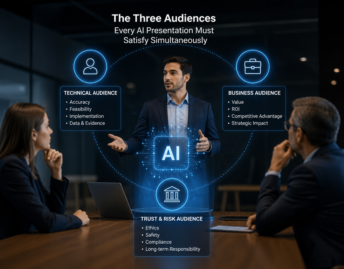 AI presentation framework balancing technical, business and governance audience expectations with clear messaging