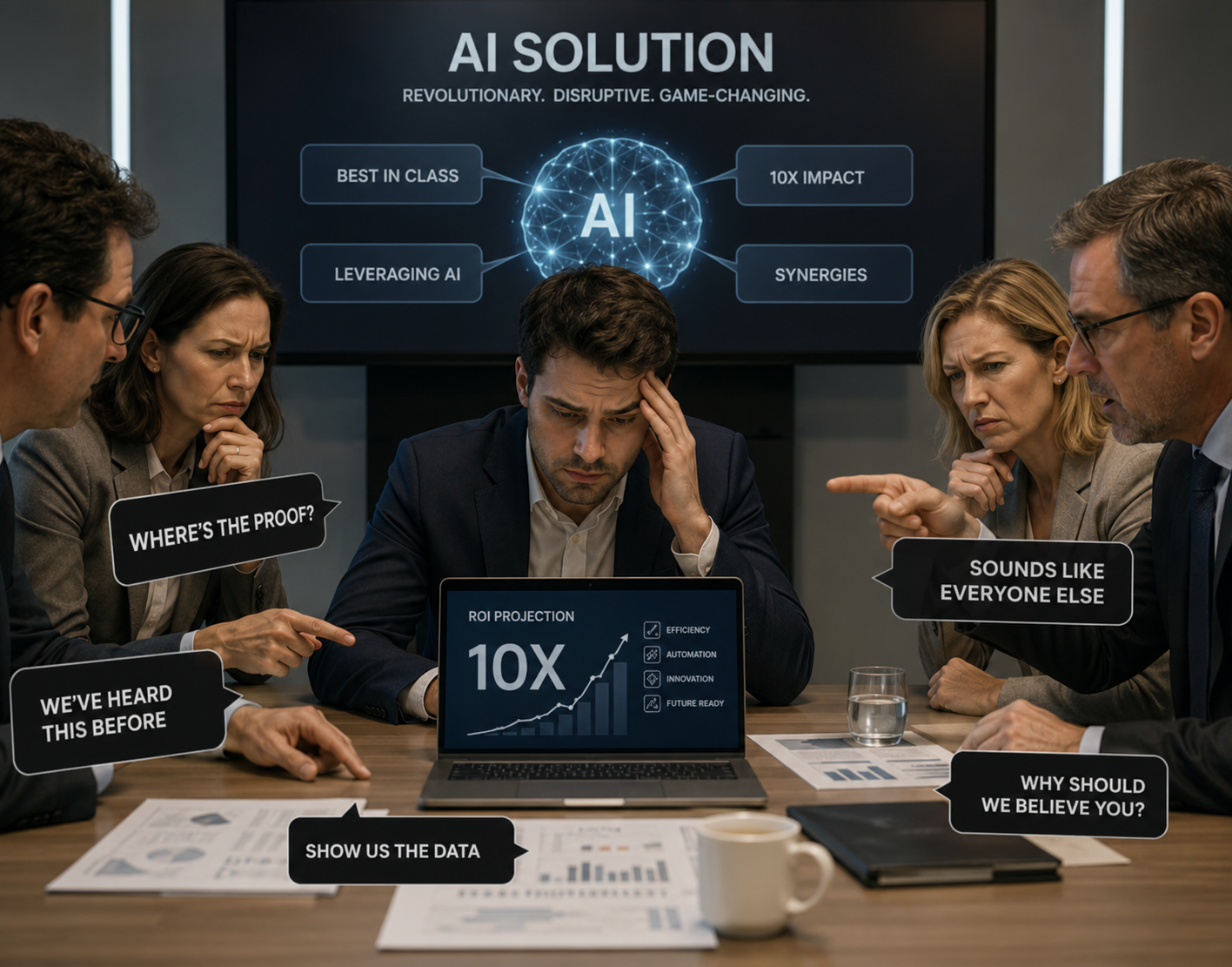AI credibility presentation addressing skepticism, proof requirements, trust gaps and evidence-based communication