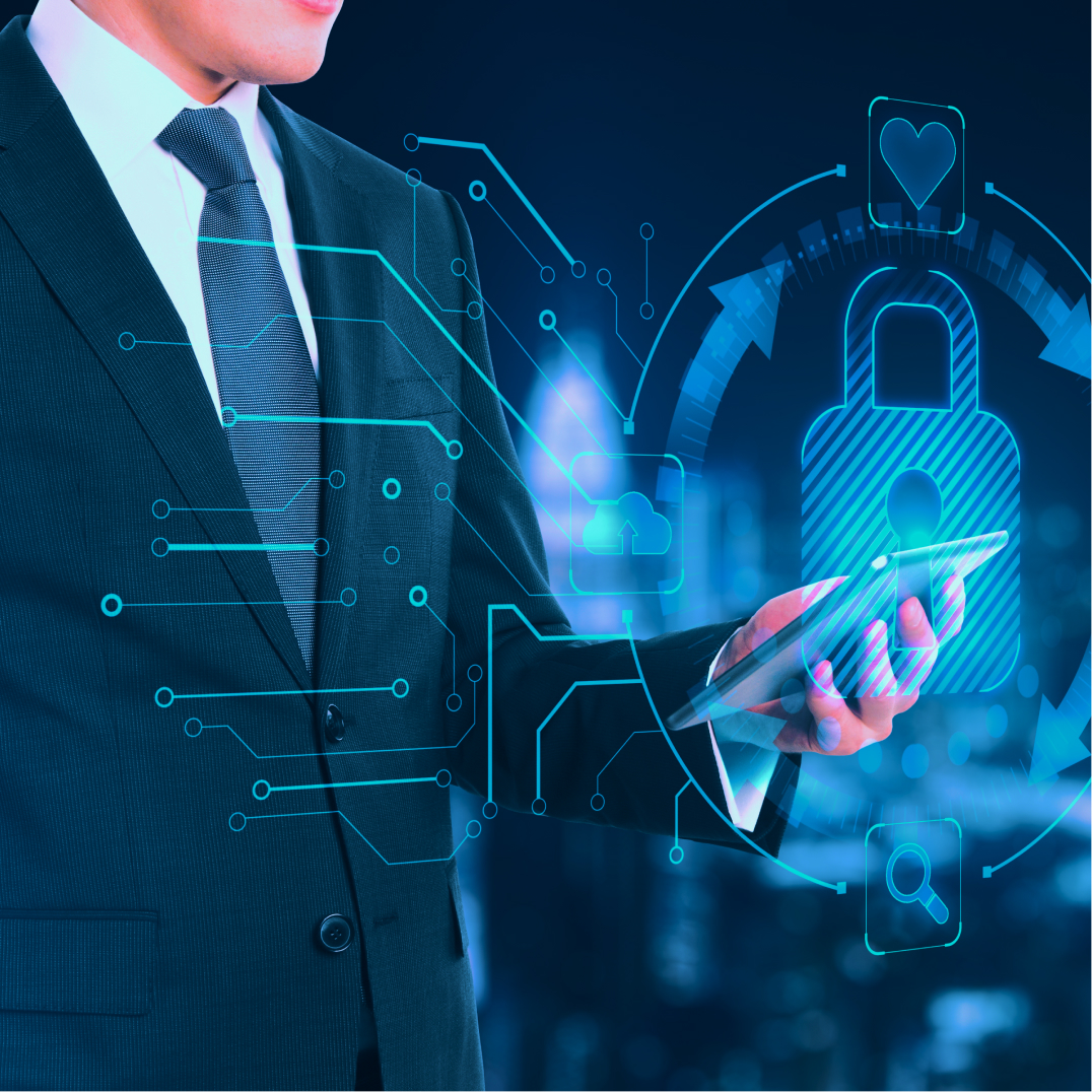 Business professional presenting cybersecurity solutions with digital security interface and secure technology