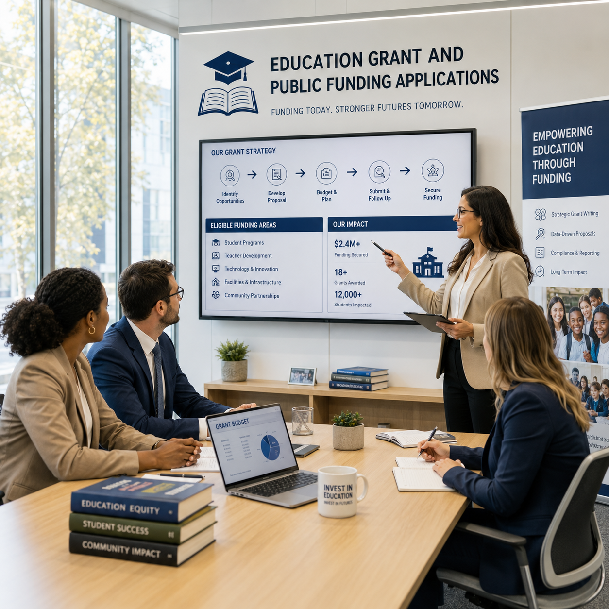 Education grant presentation outlining funding strategy, proposal process, compliance, and measurable community impact.