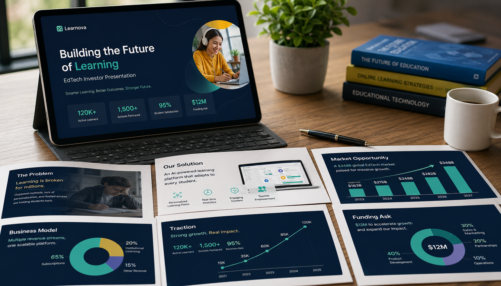 EdTech investor pitch presentation featuring funding strategy, market opportunity, traction, and growth metrics.