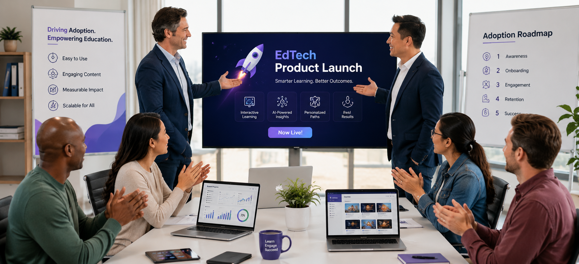 EdTech product launch presentation illustrating adoption roadmap, onboarding strategy, and user engagement success.