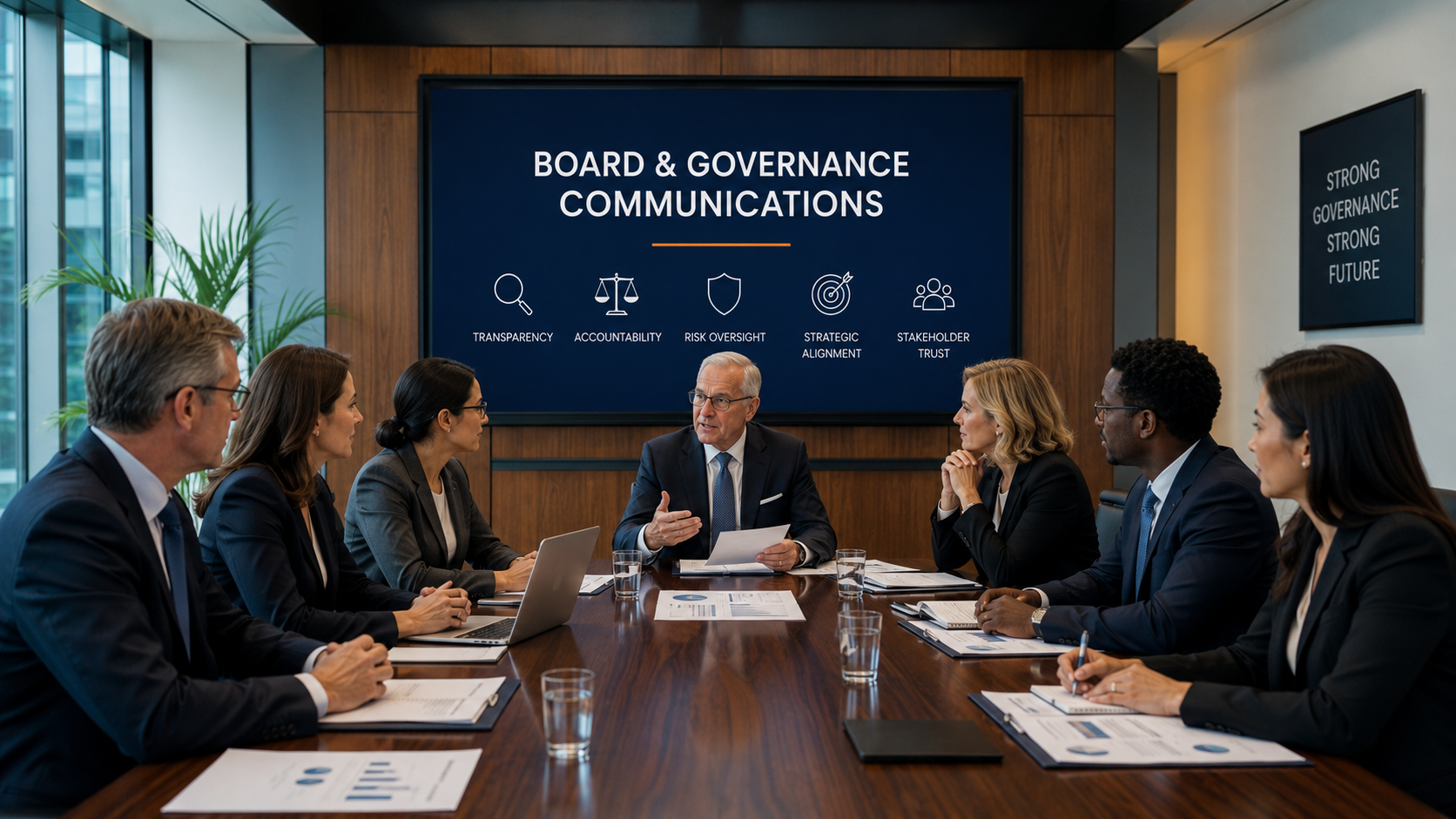  Board governance presentation design highlighting transparency, risk oversight, accountability, and stakeholder trust.