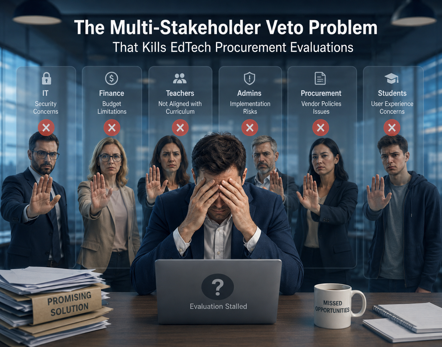 EdTech procurement presentation illustrating stakeholder objections, evaluation barriers, and decision-making challenges.