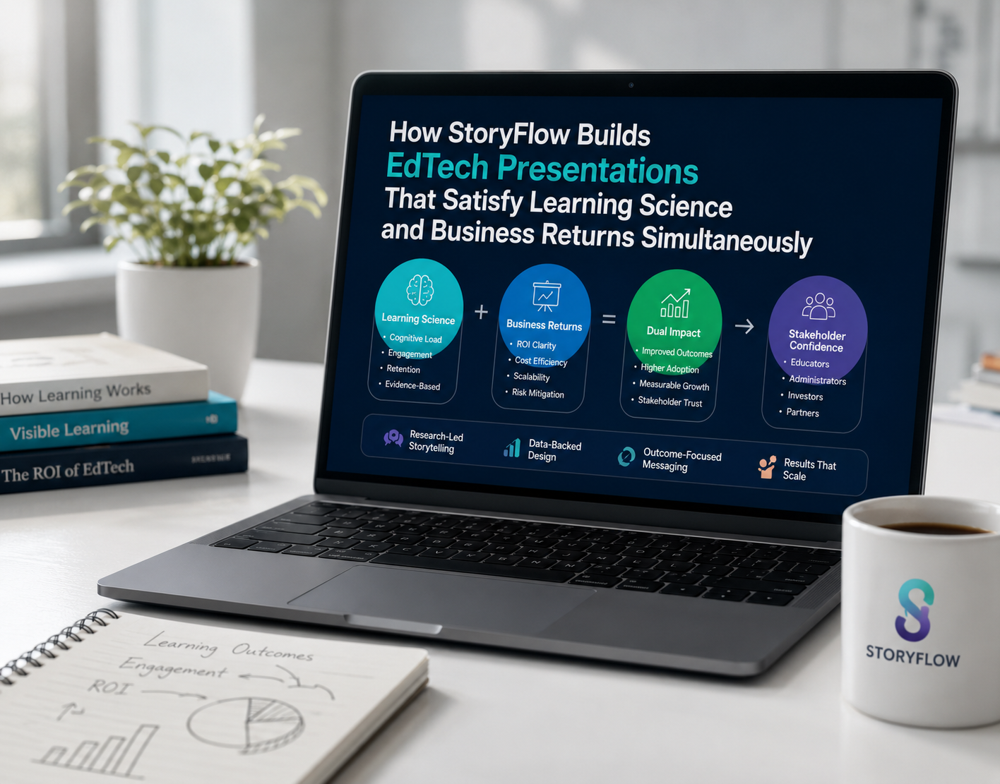 EdTech presentation explaining learning science, business ROI, stakeholder confidence, and scalable presentation design.