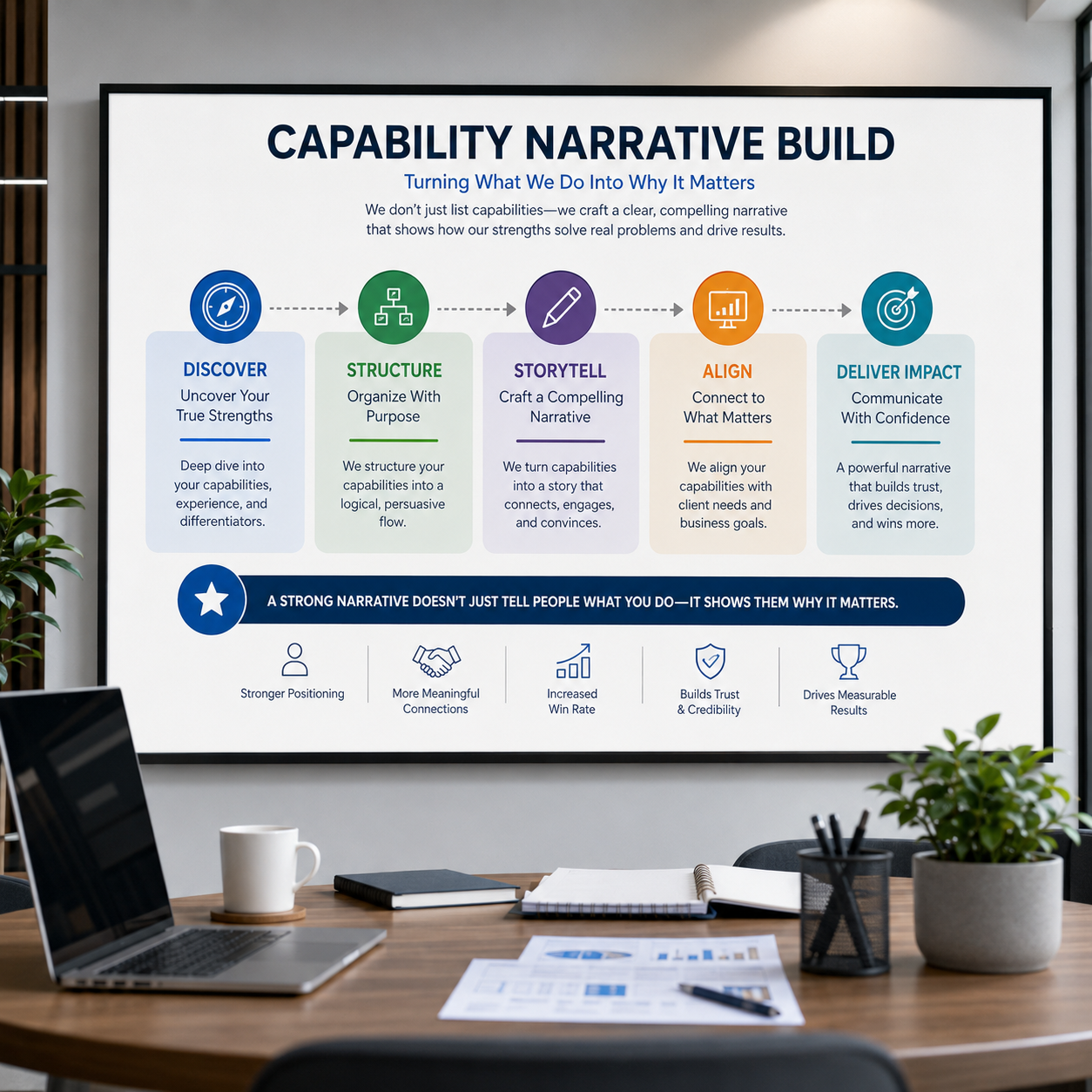 Fintech capability presentation explaining narrative strategy, business value and enterprise communication framework