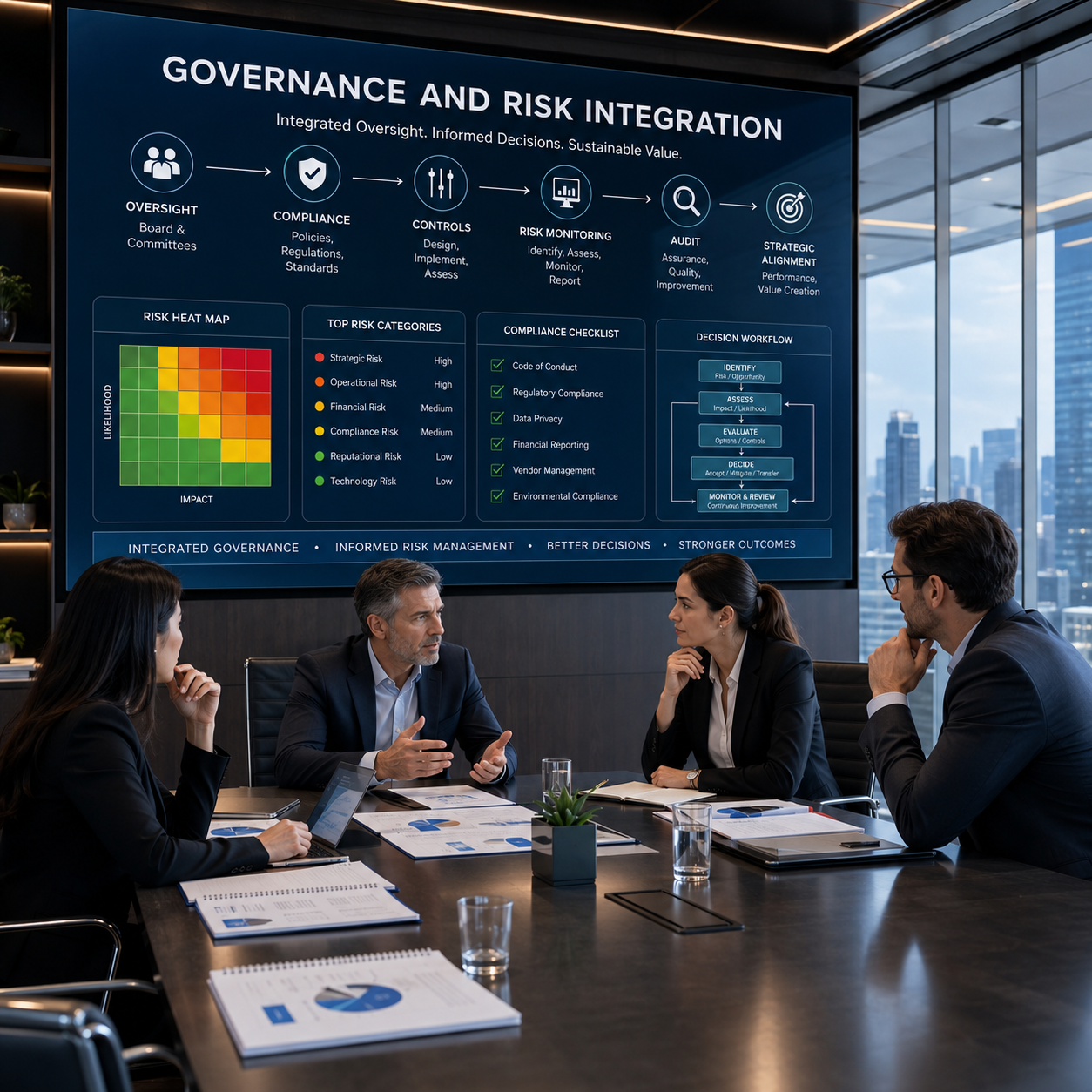 Governance and risk integration presentation covering compliance, audits and enterprise risk management framework