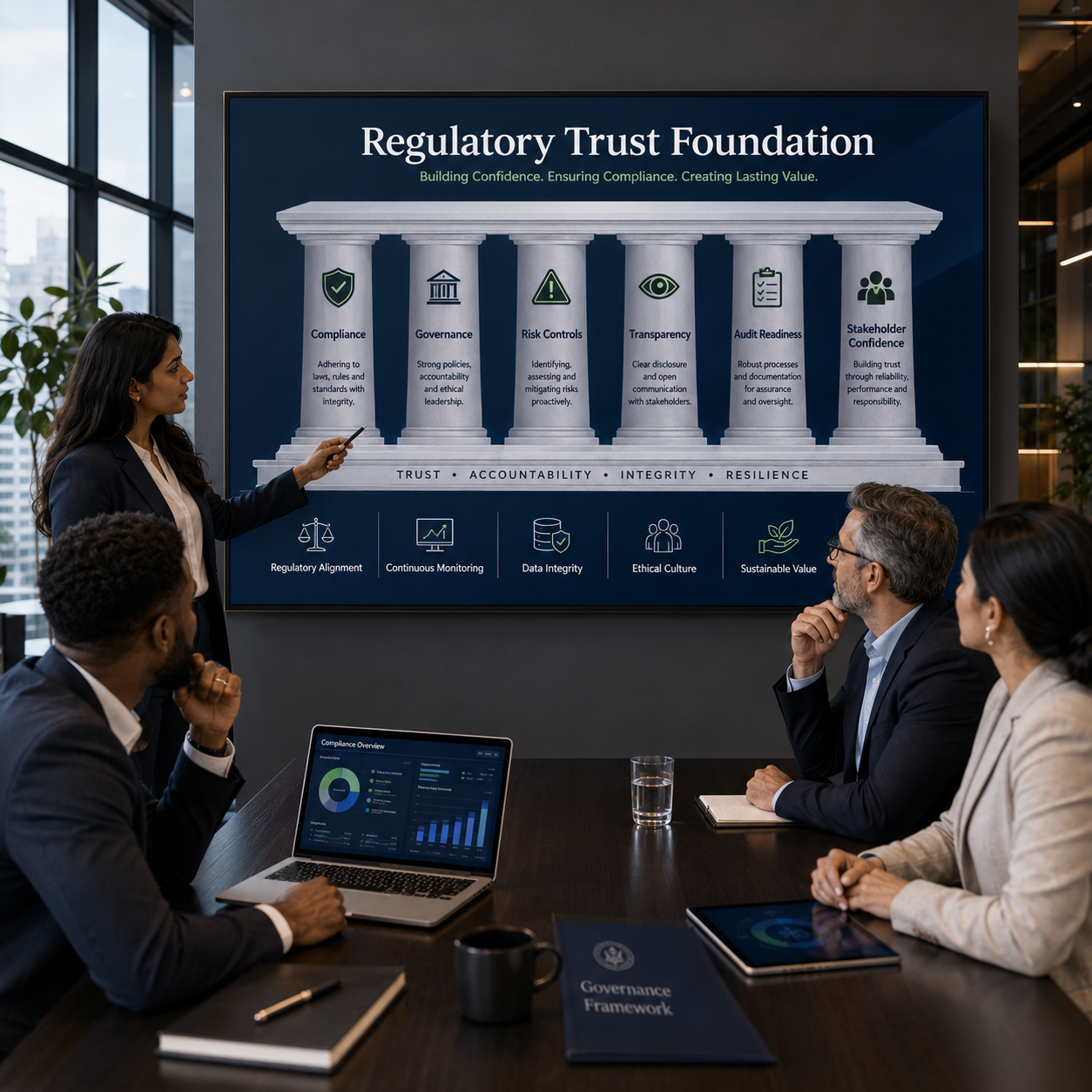 Regulatory trust presentation explaining compliance, governance, transparency and risk control for fintech businesses