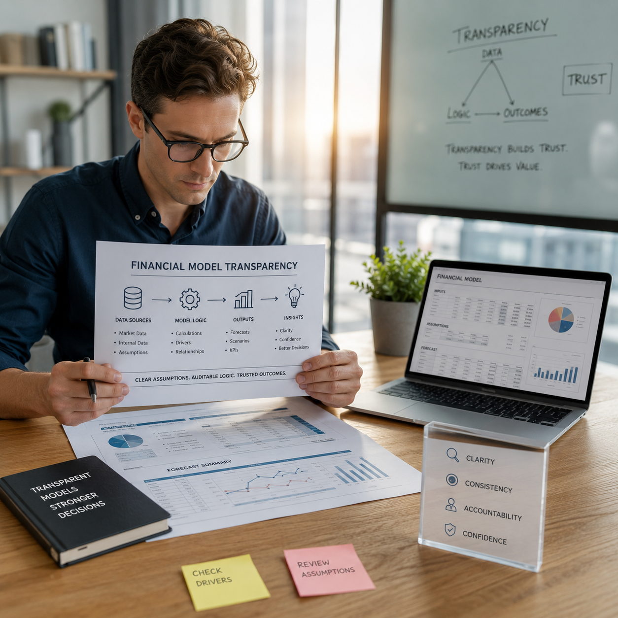 Financial model transparency presentation featuring forecasts, assumptions and trusted fintech decision making process