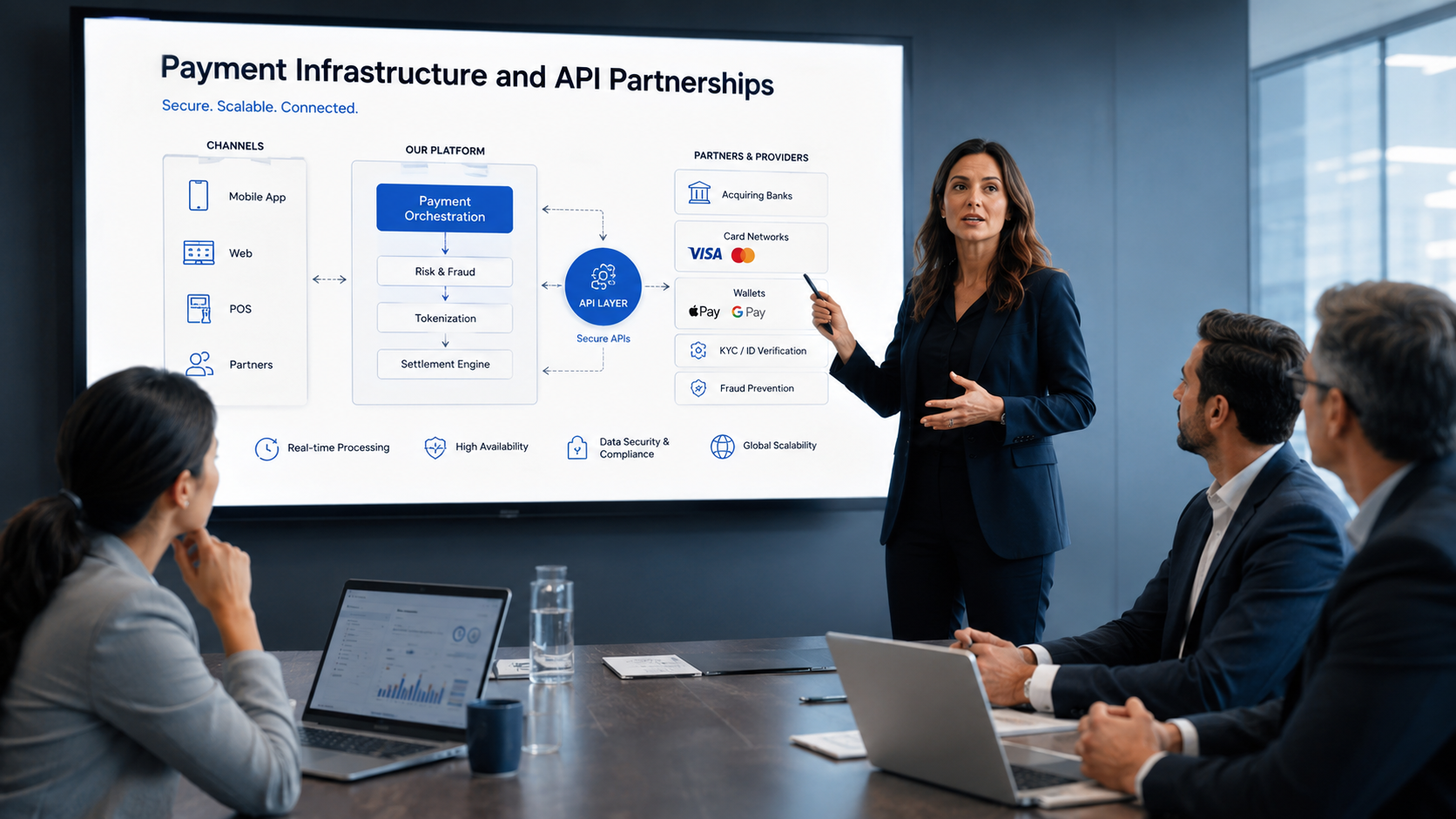 Payment infrastructure presentation illustrating API partnerships, secure transactions and scalable fintech solutions