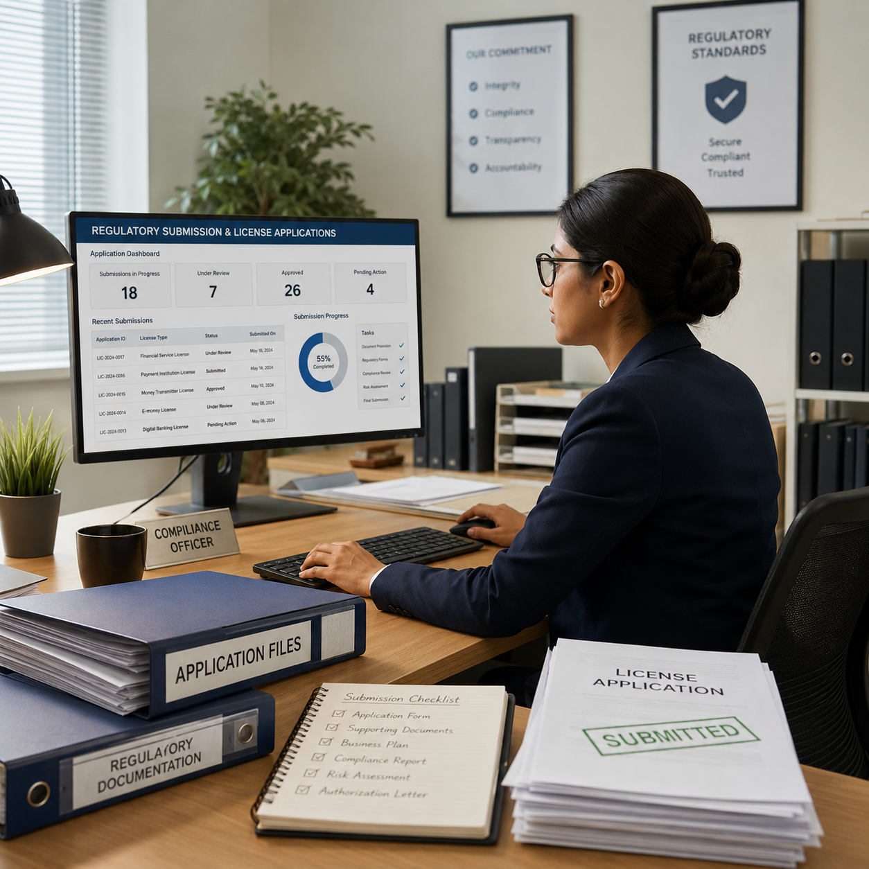 Regulatory submission presentation showing license applications, compliance workflow and approval tracking dashboard