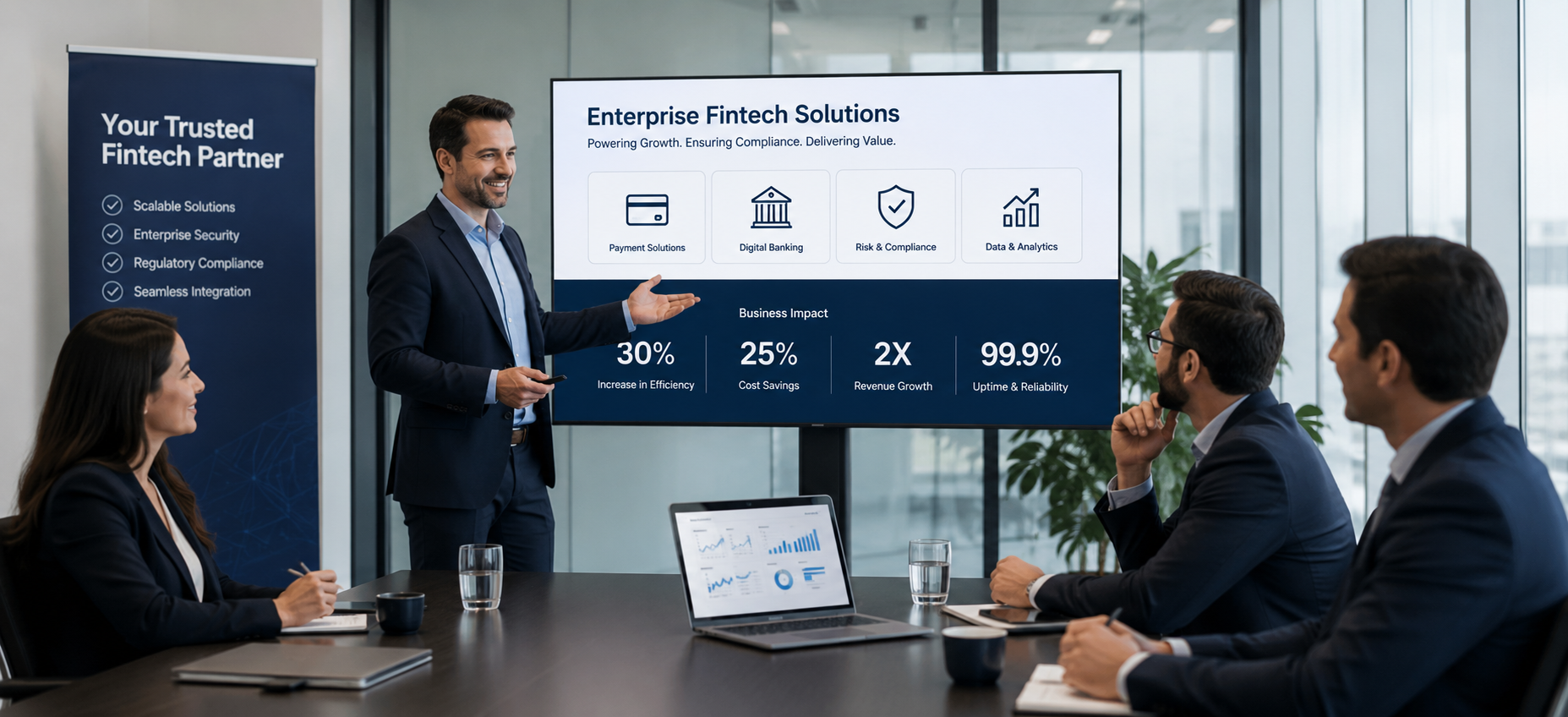 Enterprise fintech sales presentation showing business leaders discussing secure payment, compliance and growth solutions