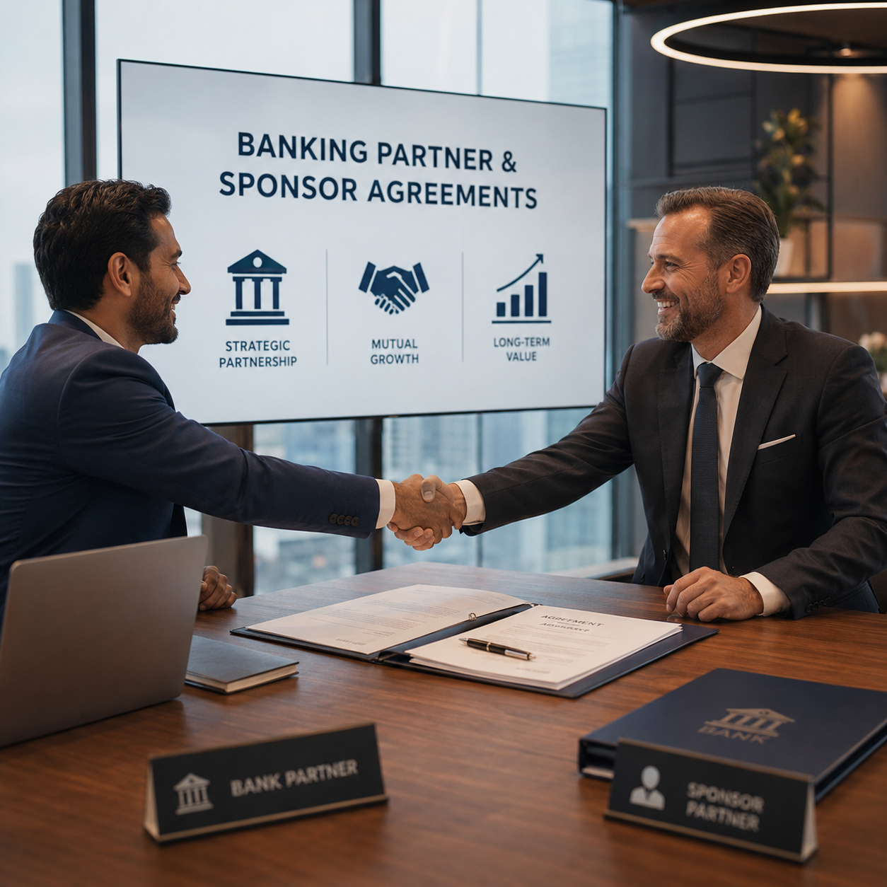 Banking partnership presentation illustrating sponsor agreements, strategic collaboration and fintech growth plans
