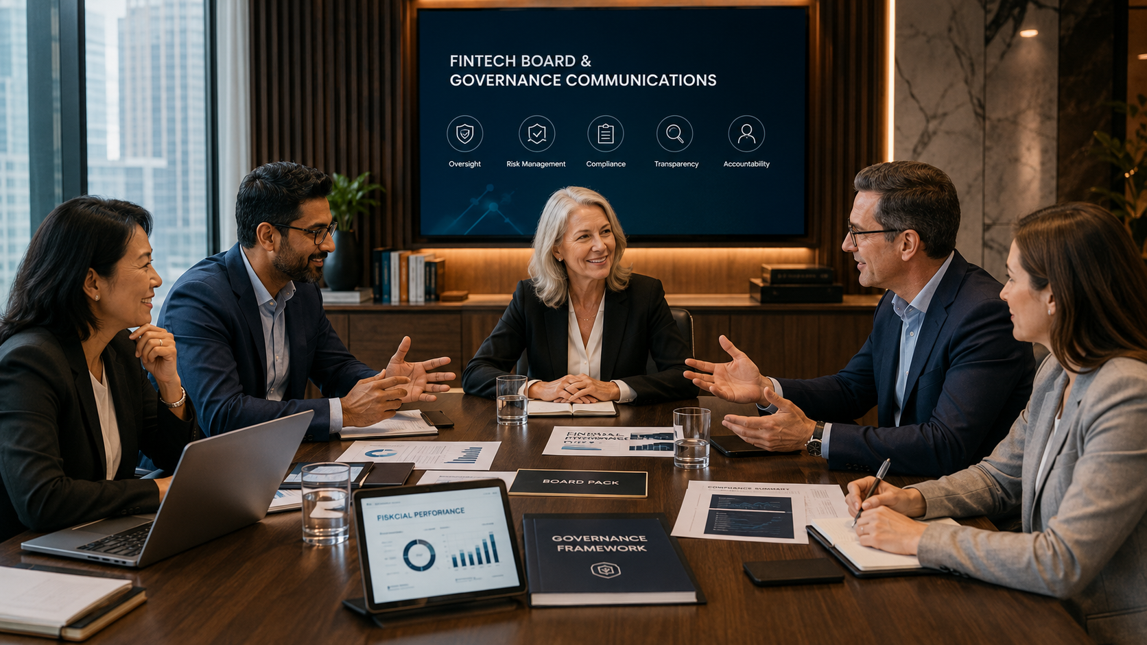 Fintech board presentation focused on governance, compliance, transparency and executive communication strategy