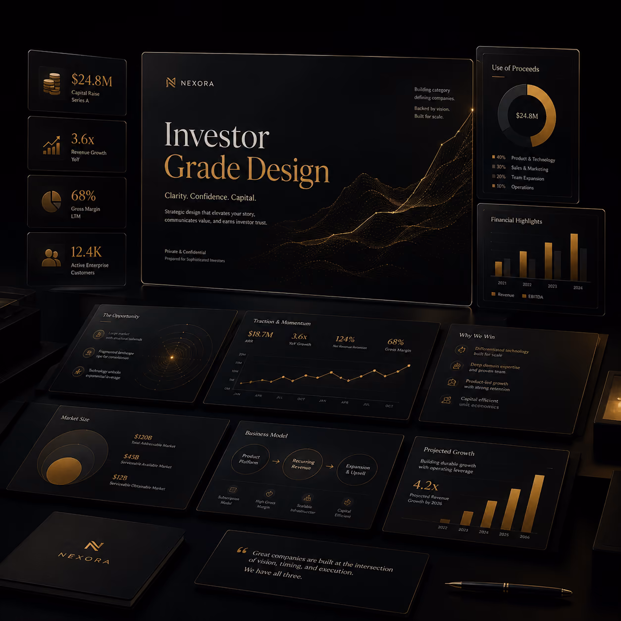 Investor grade presentation design with financial metrics, market data, charts, and a polished fundraising sto