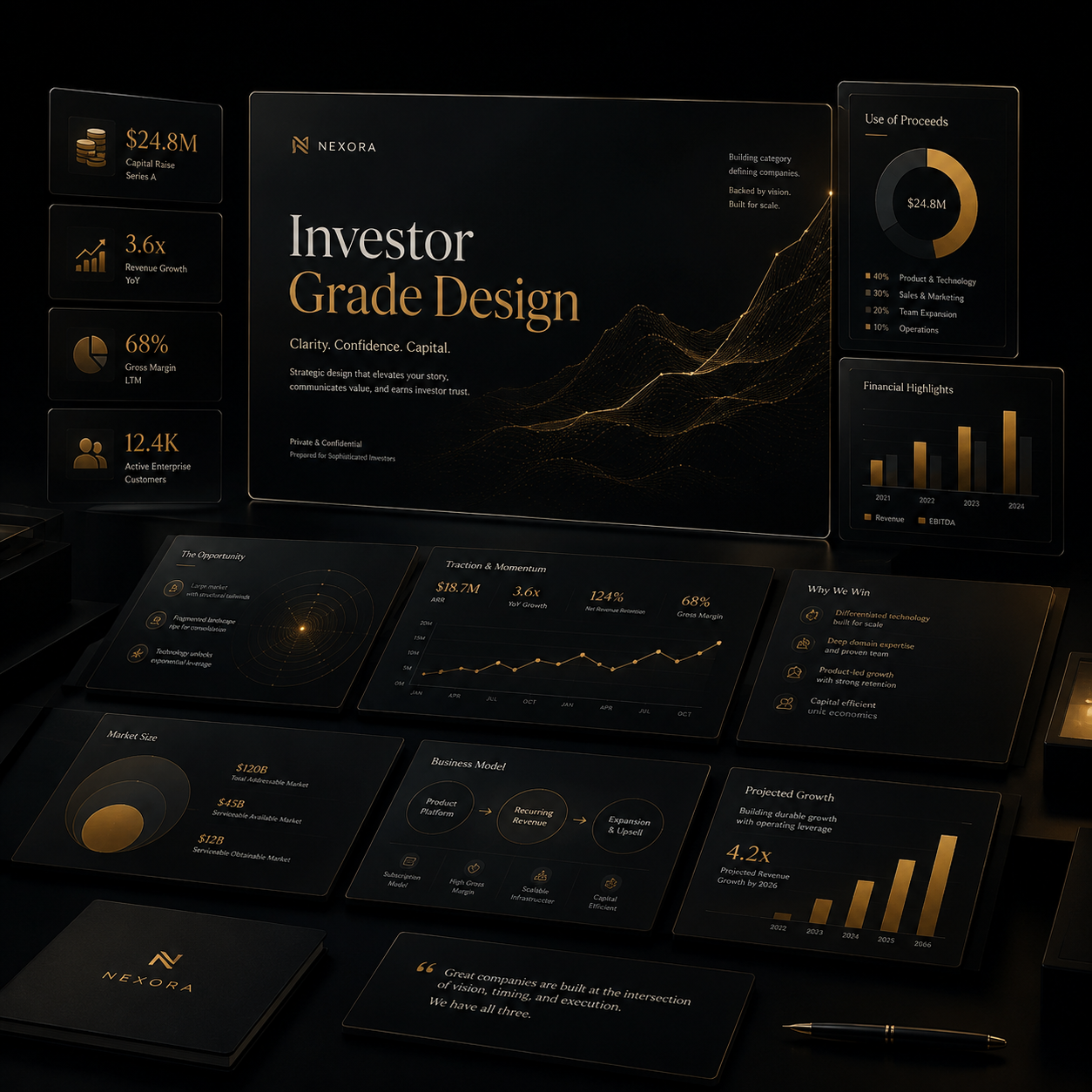 Investor grade presentation design with financial metrics, market data, charts, and a polished fundraising sto