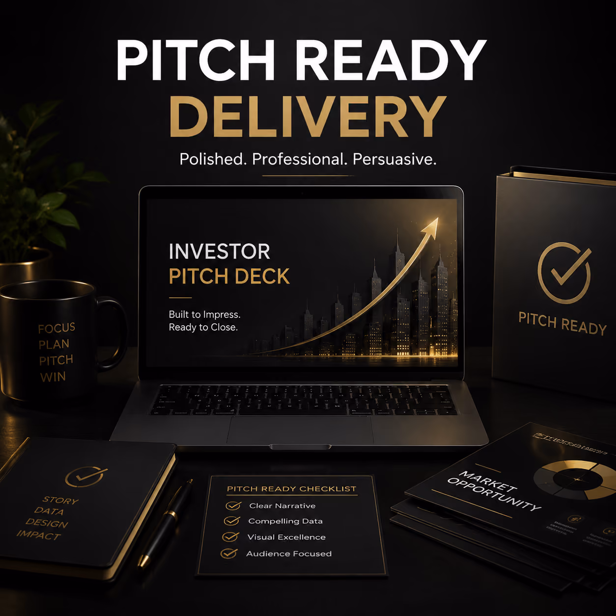 Pitch-ready investor deck delivery with polished slides, clear messaging, and a professional fundraising flow.