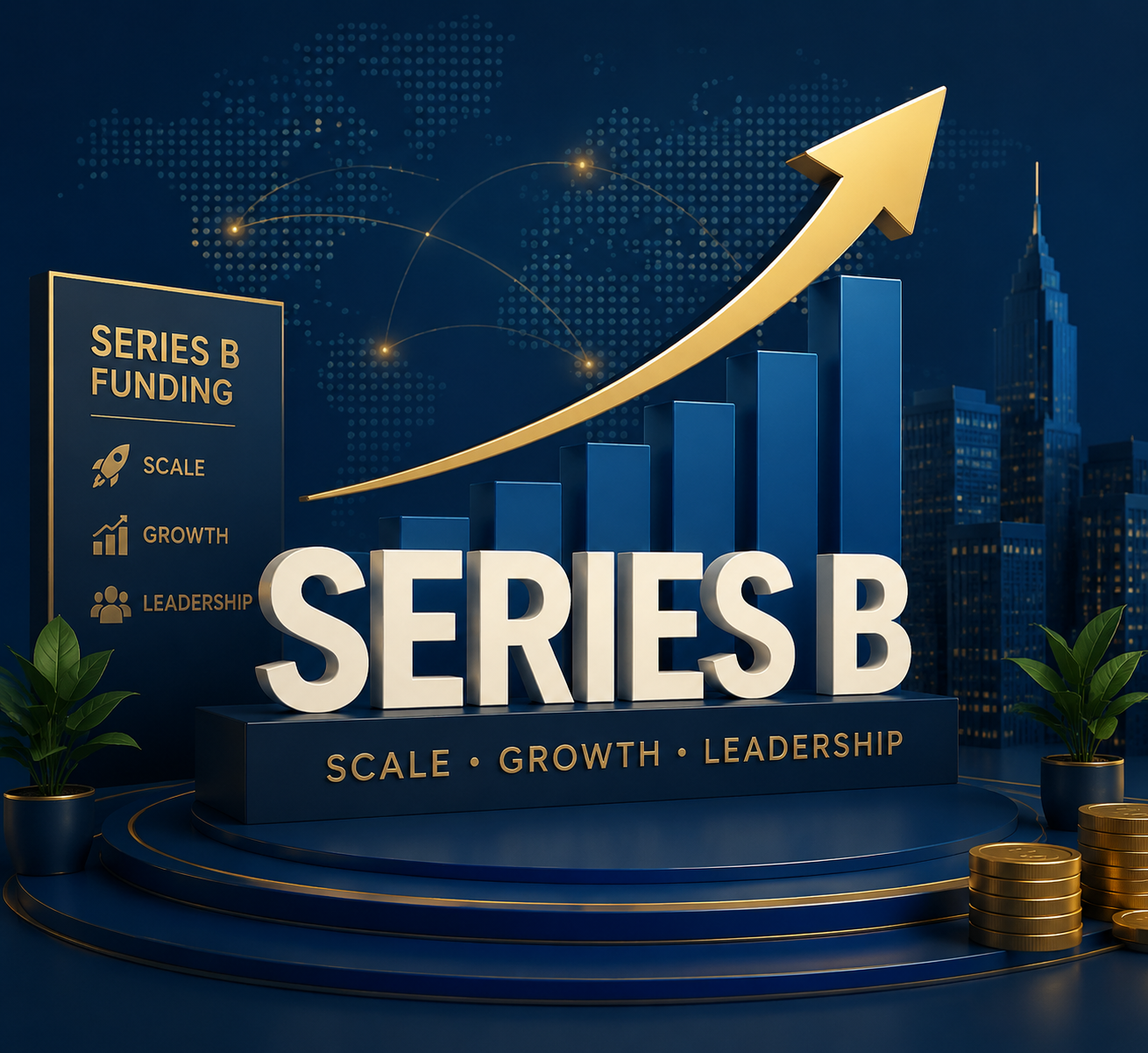 Series B fundraising presentation highlighting scale, growth, leadership, and expansion for an established sta