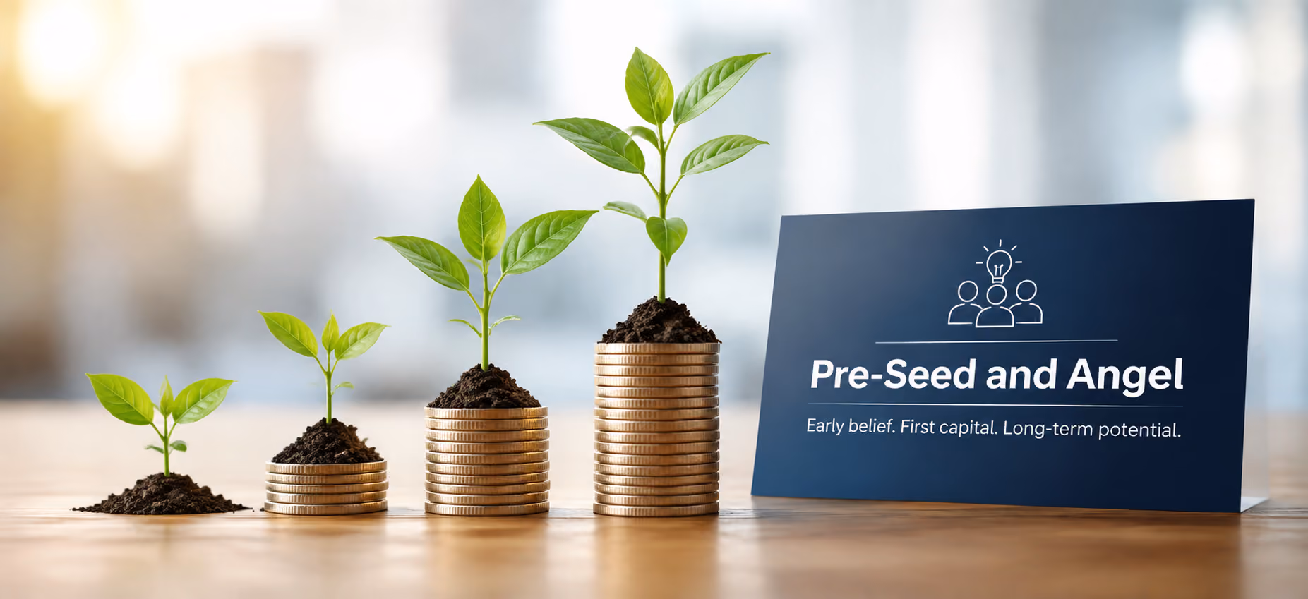 Pre-seed and angel fundraising presentation showing early-stage growth, startup potential, and investment oppo